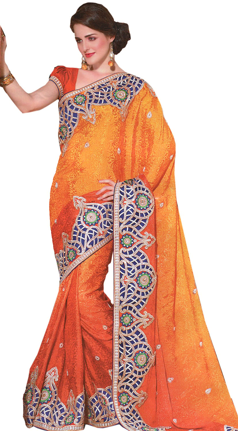 Bridal Wear Orange Silk Saree with Contrast Blouse