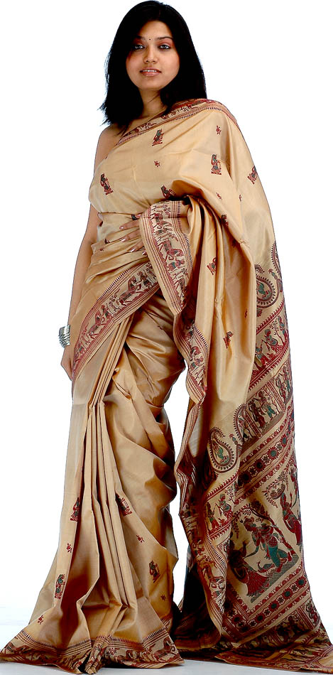 Light Khaki Baluchari Sari Depicting Radha and Krishna Exotic