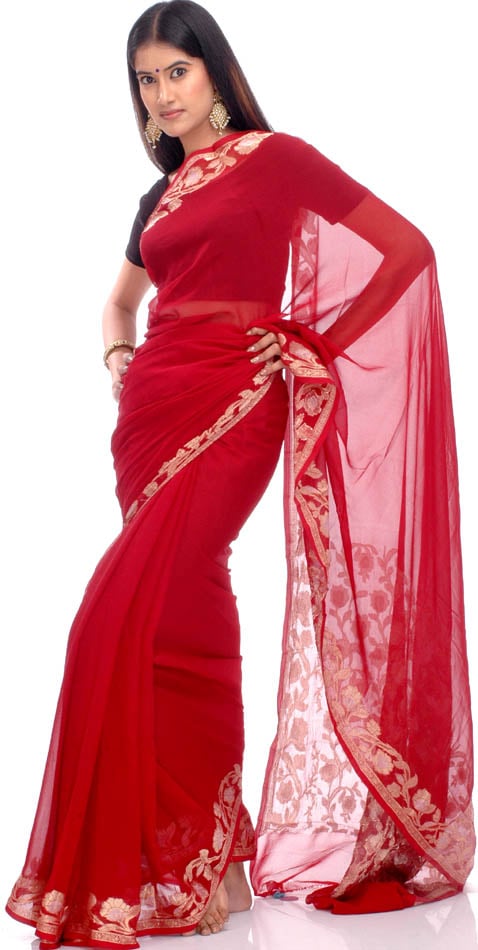 Maroon Sari With Silver And Golden Zari Exotic India Art 