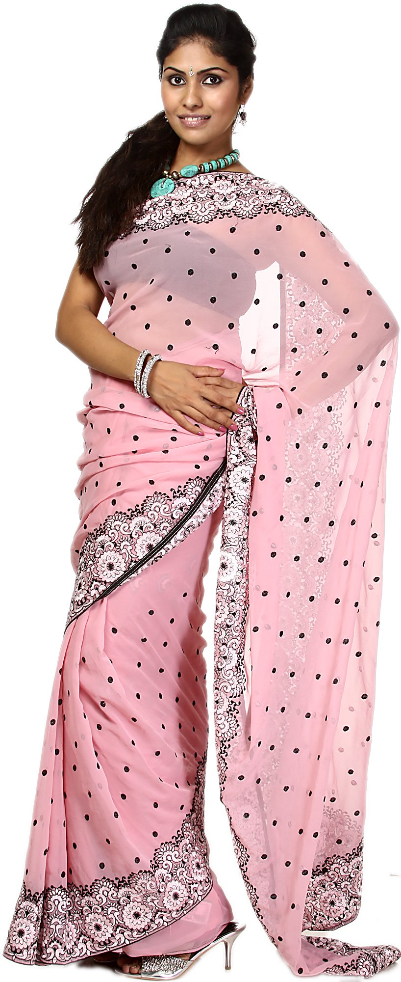 Powder Pink Sari With All Over Embroidered Bootis And Floral Border Exotic India Art