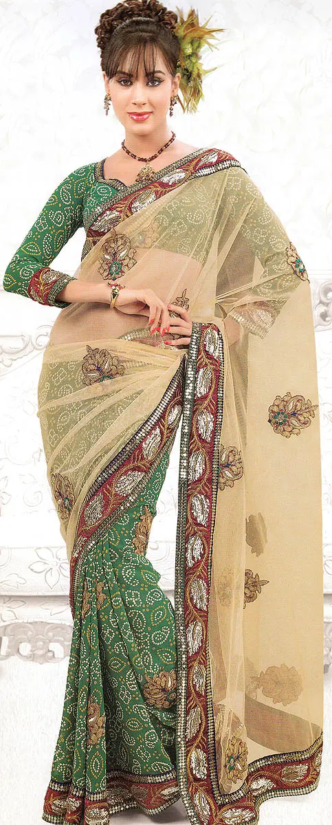 Light-Green Bandhani Printed Saree with Patch-work and Embroidered Sequins