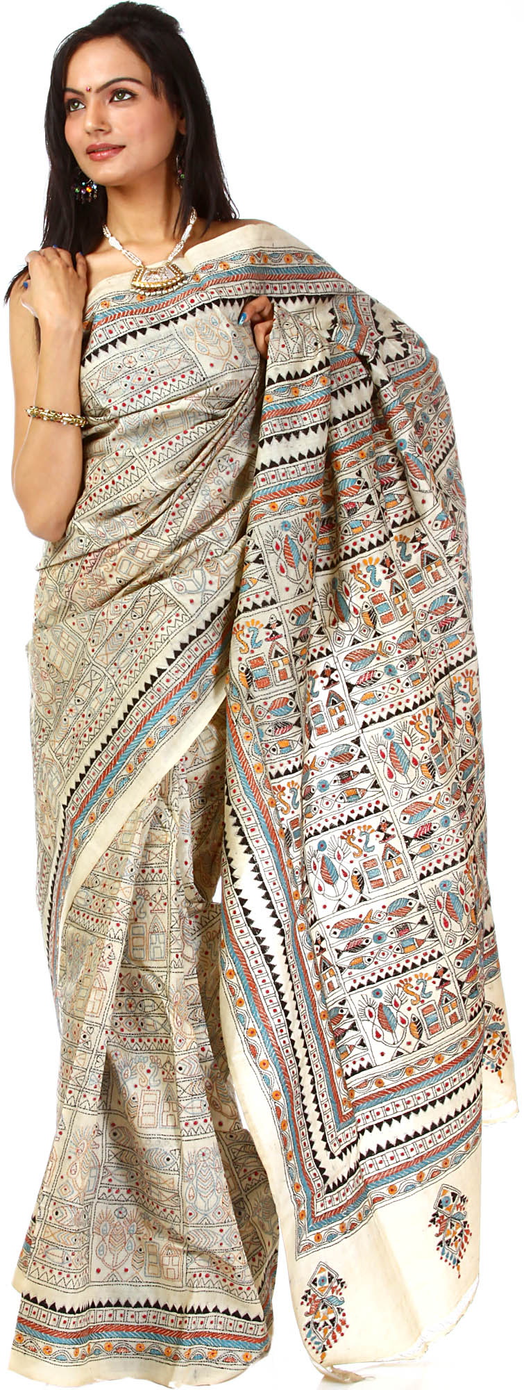 Beige Kantha Sari with Hand-Embroidered Folk Motifs | Exotic India Art