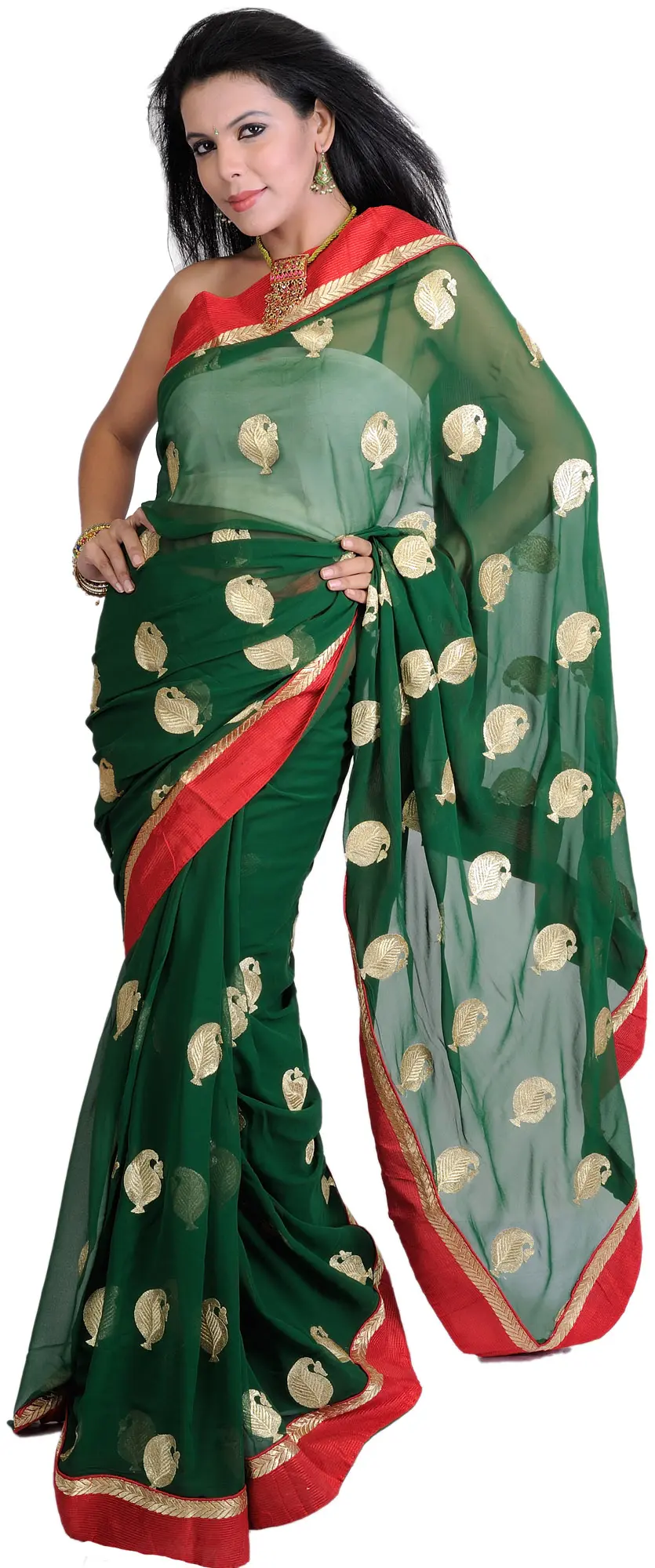 Designer Saree with Metallic Thread Embroidered Paisleys and Patch Border