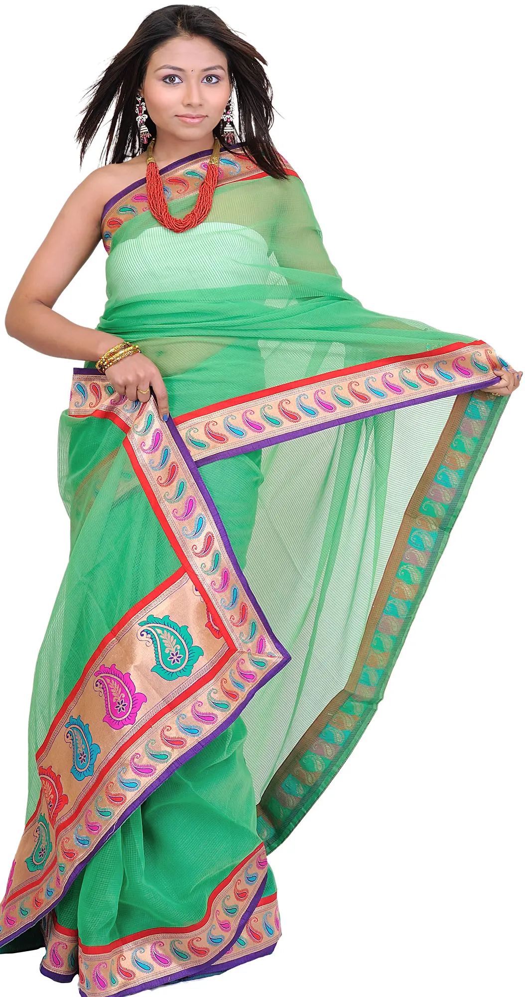 Sari with Fine Woven Checks and Brocaded Paisley Patch Border