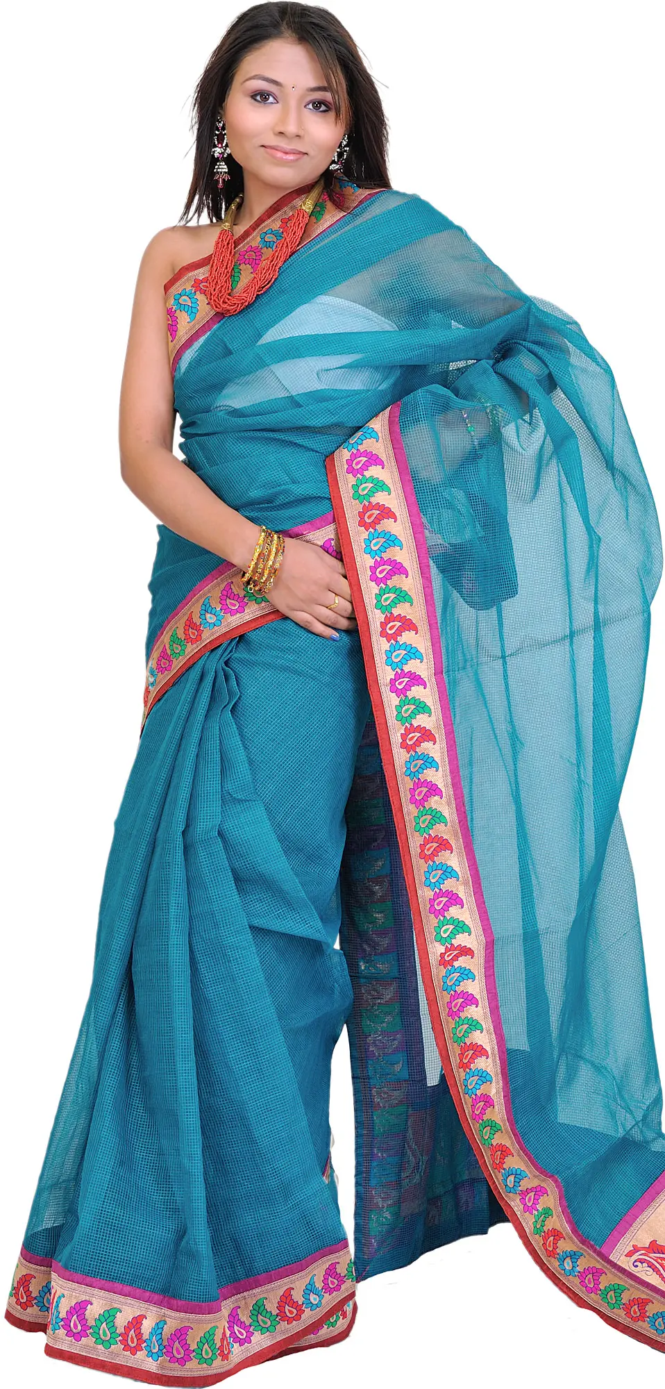 Sari with Fine Woven Checks and Brocaded Paisley Patch Border