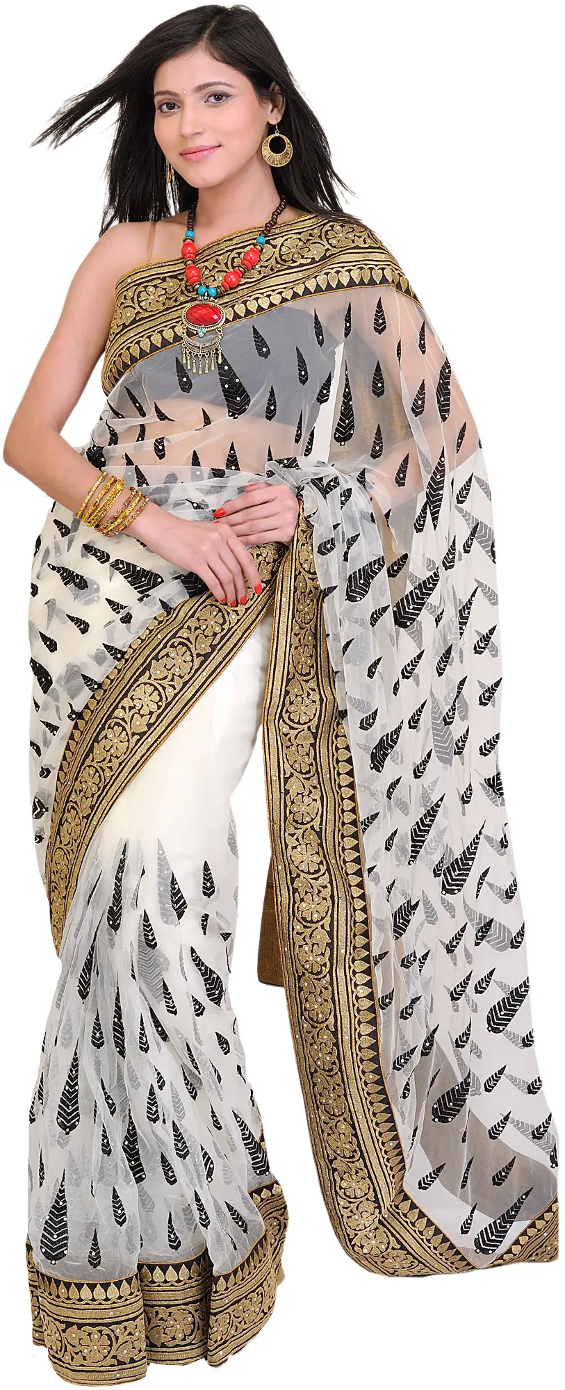 Bright-White Wedding Saree with Thread Embroidered Leaves and Patch Border