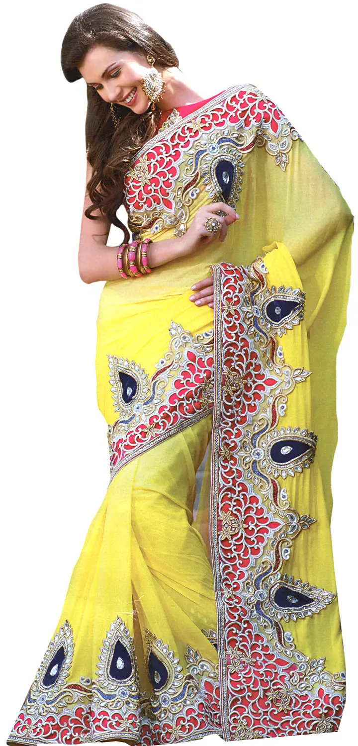Cyber-Yellow Bridal Sari from Surat with Embroidery in Metallic Thread and Sequins