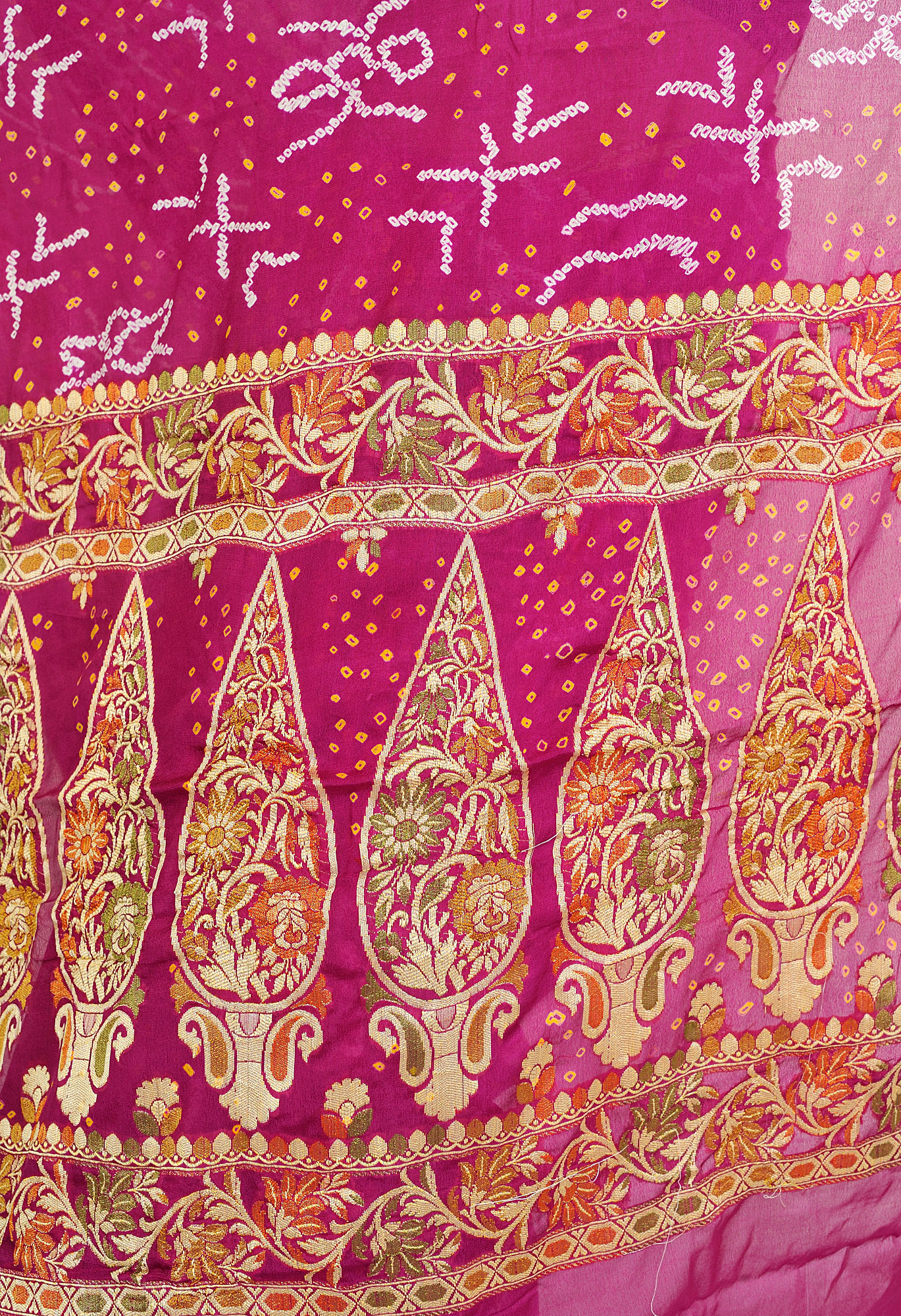 Wild-Aster Bandhani Tie-Dye Sari from Jodhpur with Floral Woven Border ...