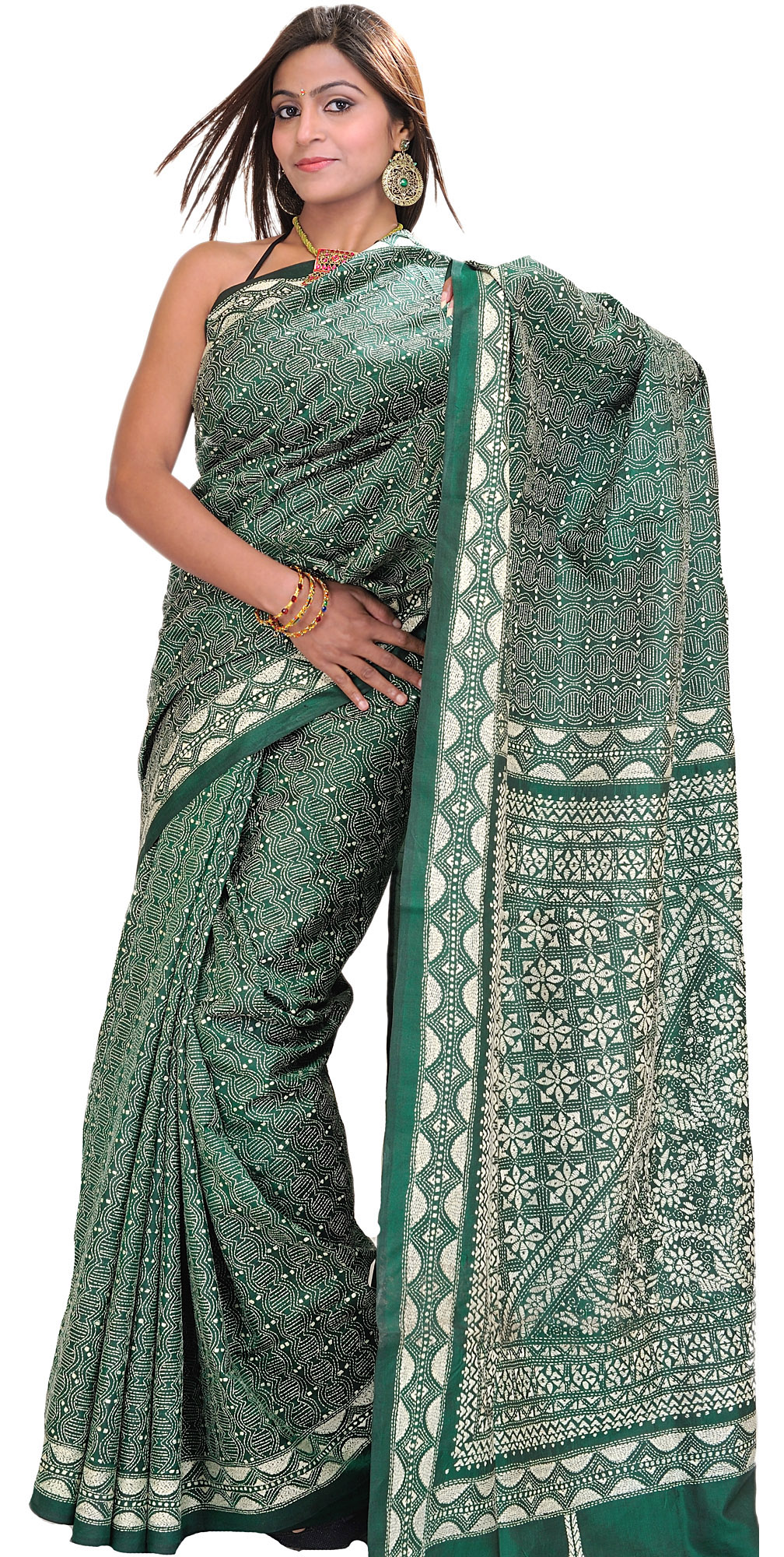 Dark-Green Sari from Kolkata with Kantha Embroidery by Hand | Exotic ...