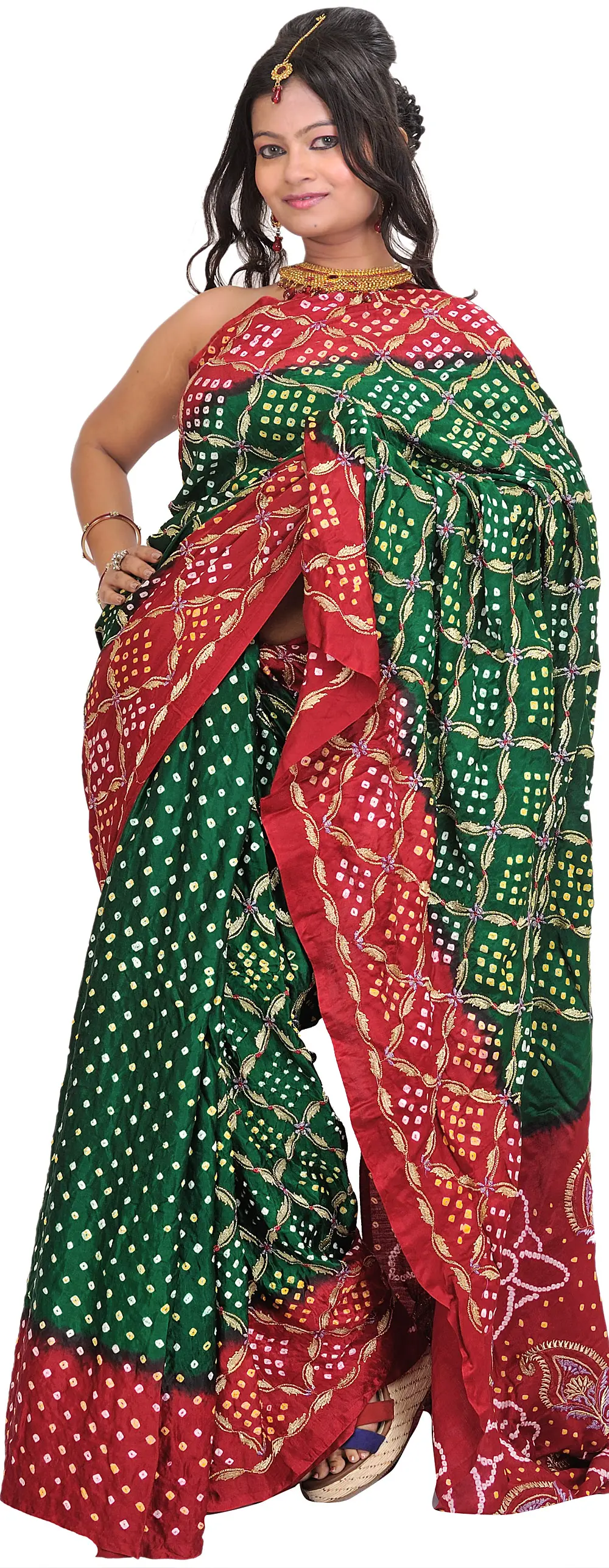 Bandhani Tie-Dye Saree from Jodhpur with Embroidery in Golden Thread