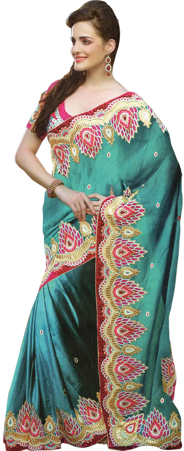 Capri-Breeze and Pink Designer Wedding Sari with Zari Embroidered Patches and Stonework
