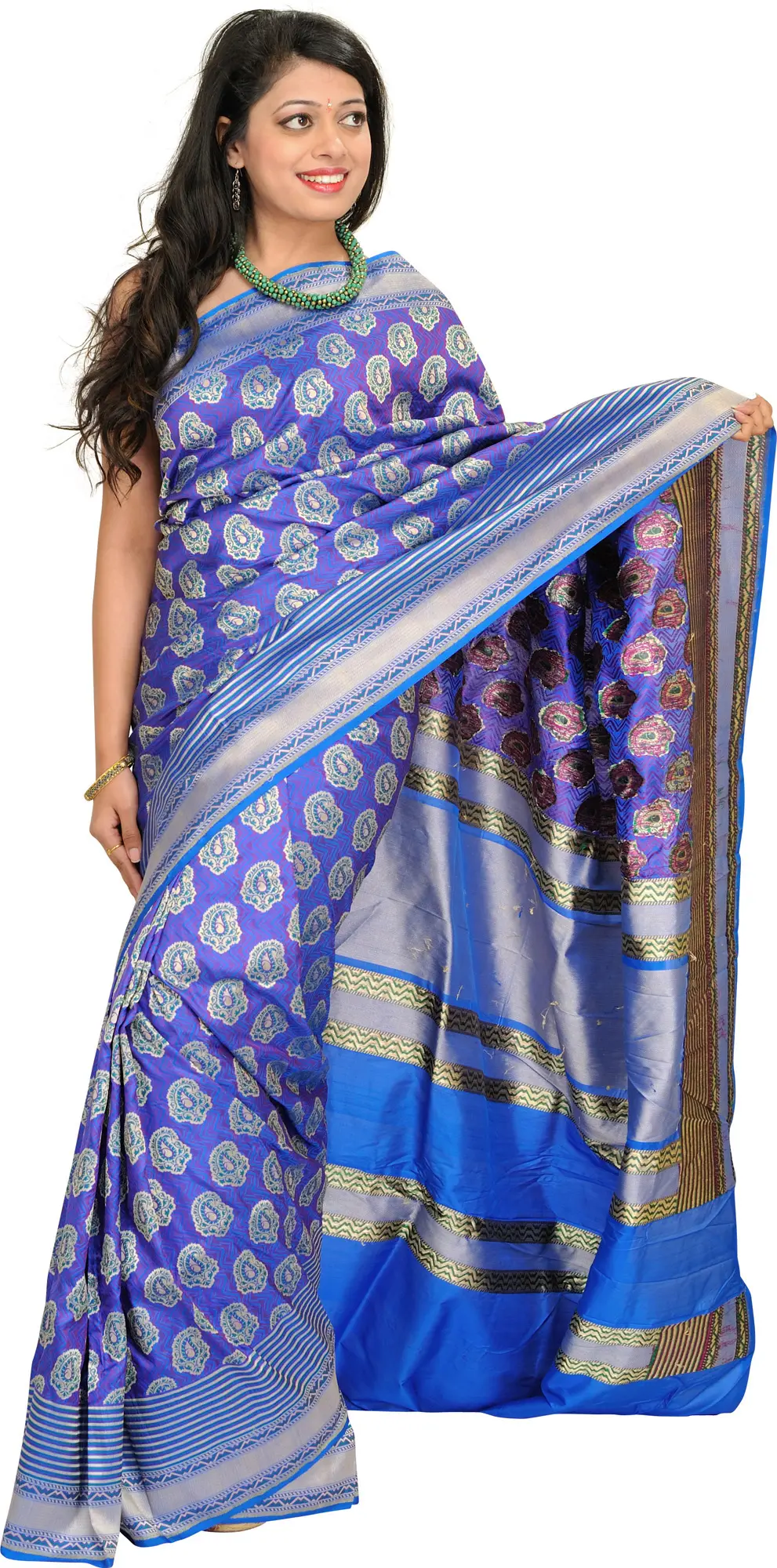 Imperial-Blue Handloom Sari from Banaras with Woven Paisleys All-Over
