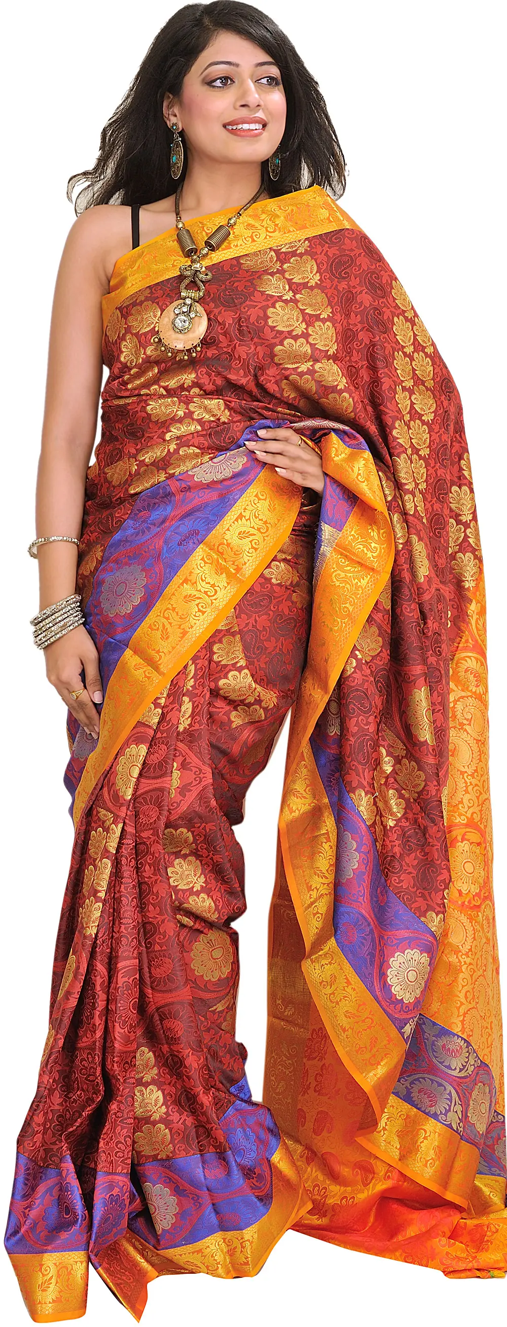 Red and Marigold Self-Weave Saree from Bangalore with Zari Woven Flowers and Paisleys on Aanchal