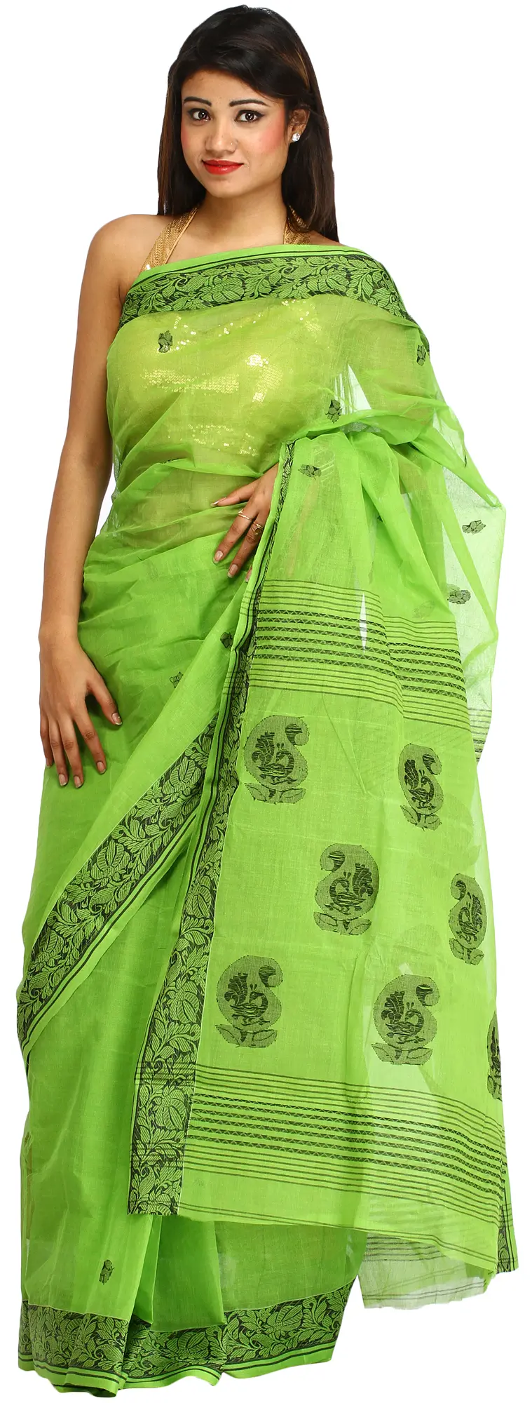 Kiwi-Green Saree from Bengal with Floral Border and Paisleys on Aanchal