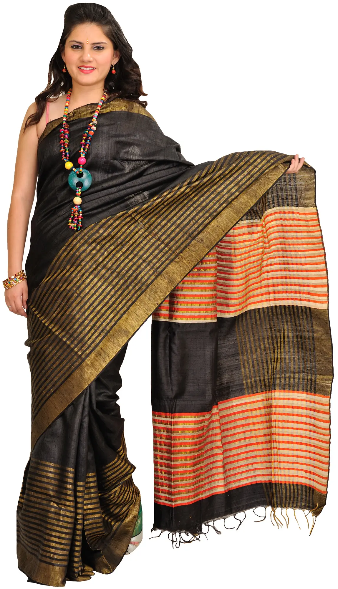 Jet-Black Saree from Bengal with Zari-Woven Stripes