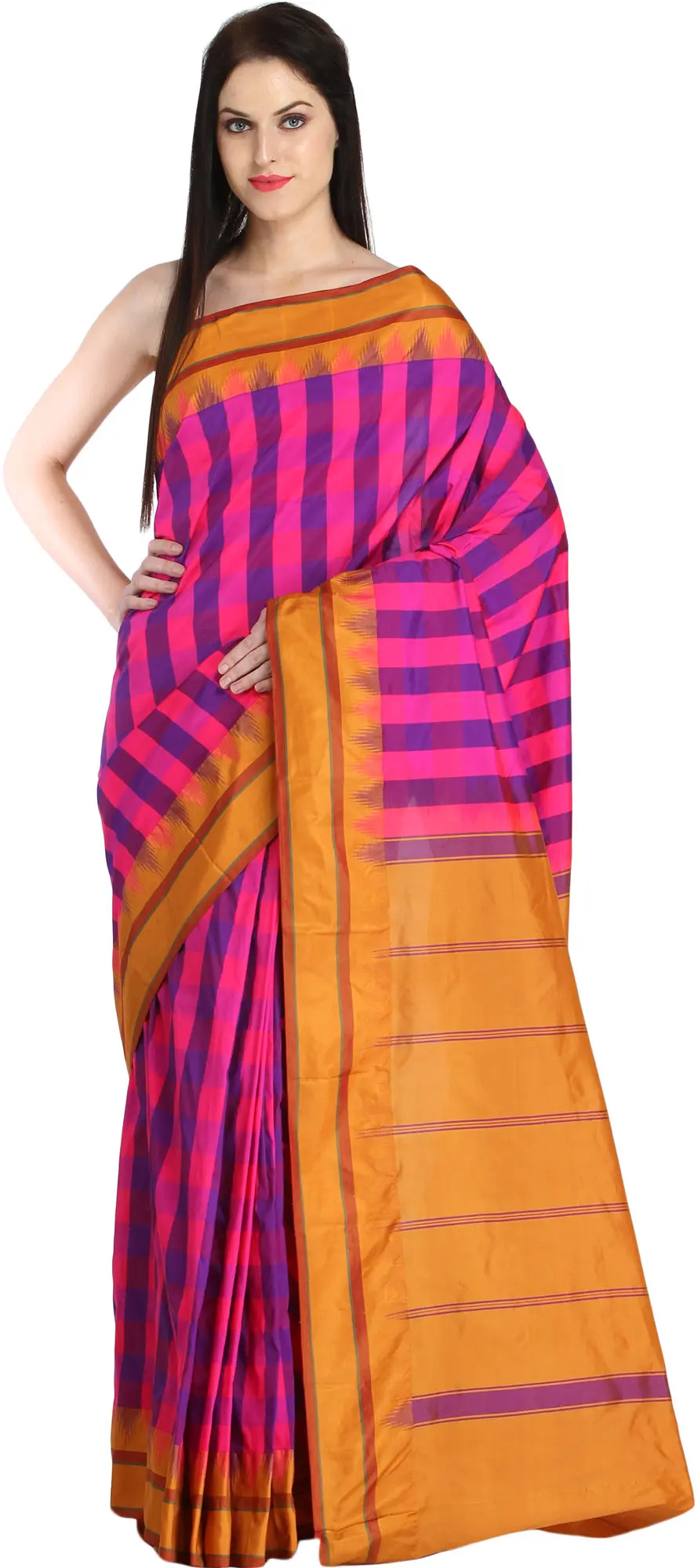 Pink and Nugget Saree from Bangalore with Woven Checks and Striped Pallu