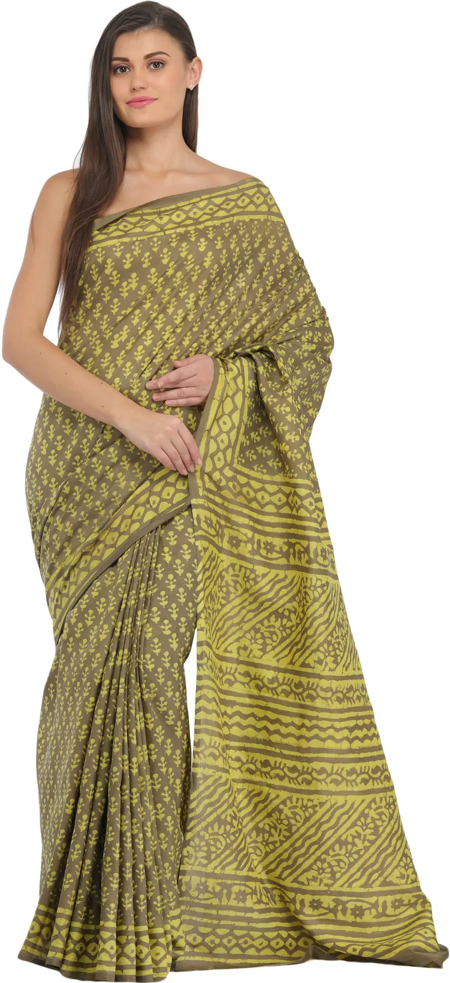 Gothic-Olive Bagdoo Block-Printed Sari from Madhya Pradesh