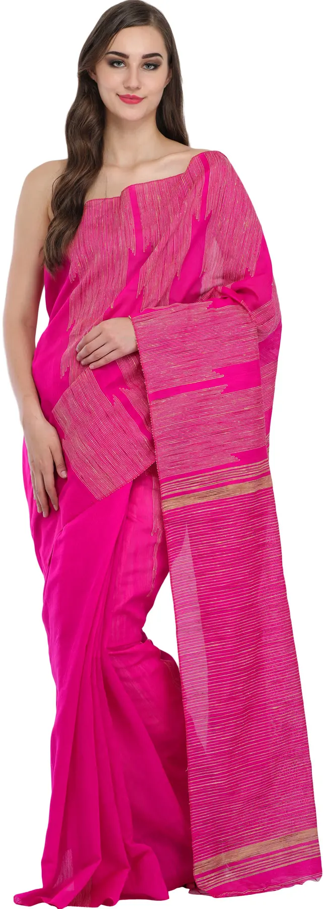 Vibrant-Pink Purbasthali Sari from Jharkhand with Woven Stripes