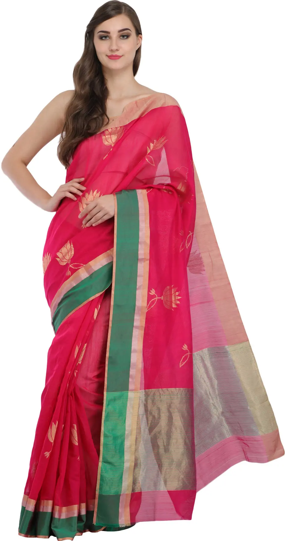 Bright-Rose Handloom Chanderi Sari with Woven Lotuses and Striped Border