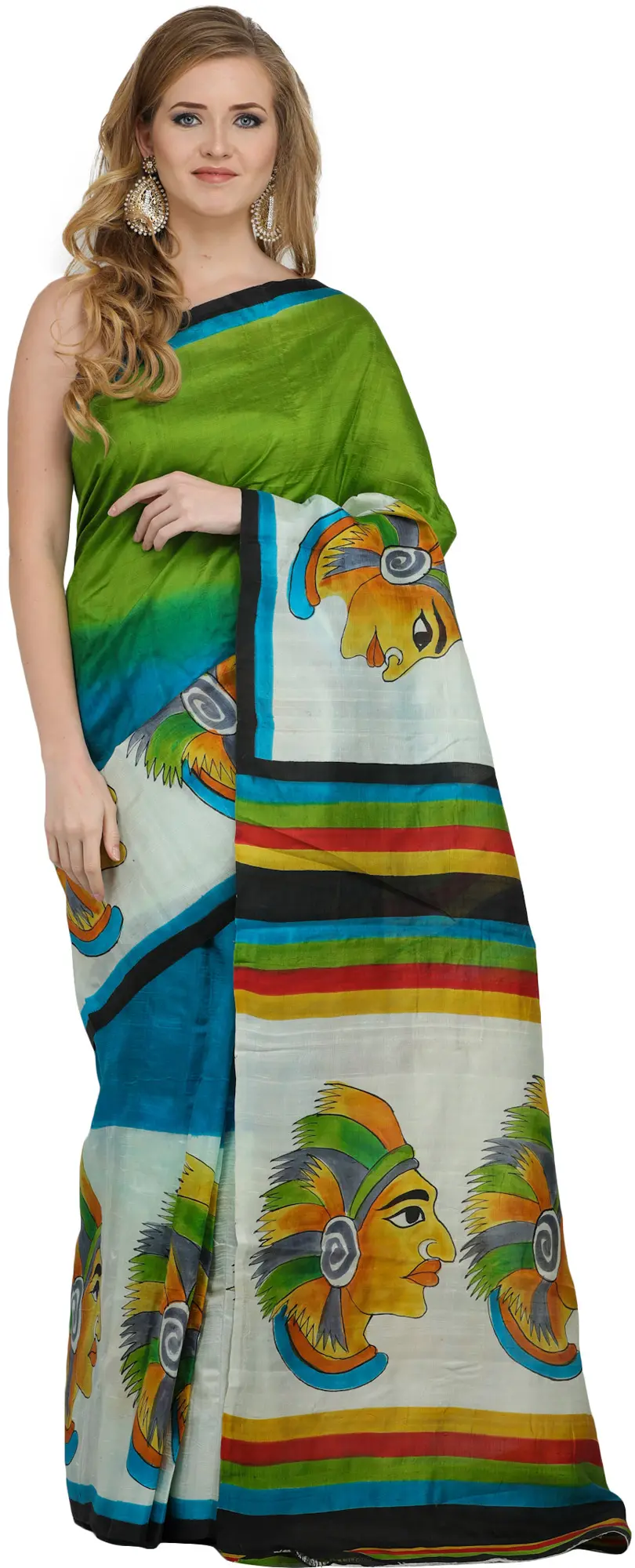 Multicolored Sari from Kolkata with Printed Red-Indian
