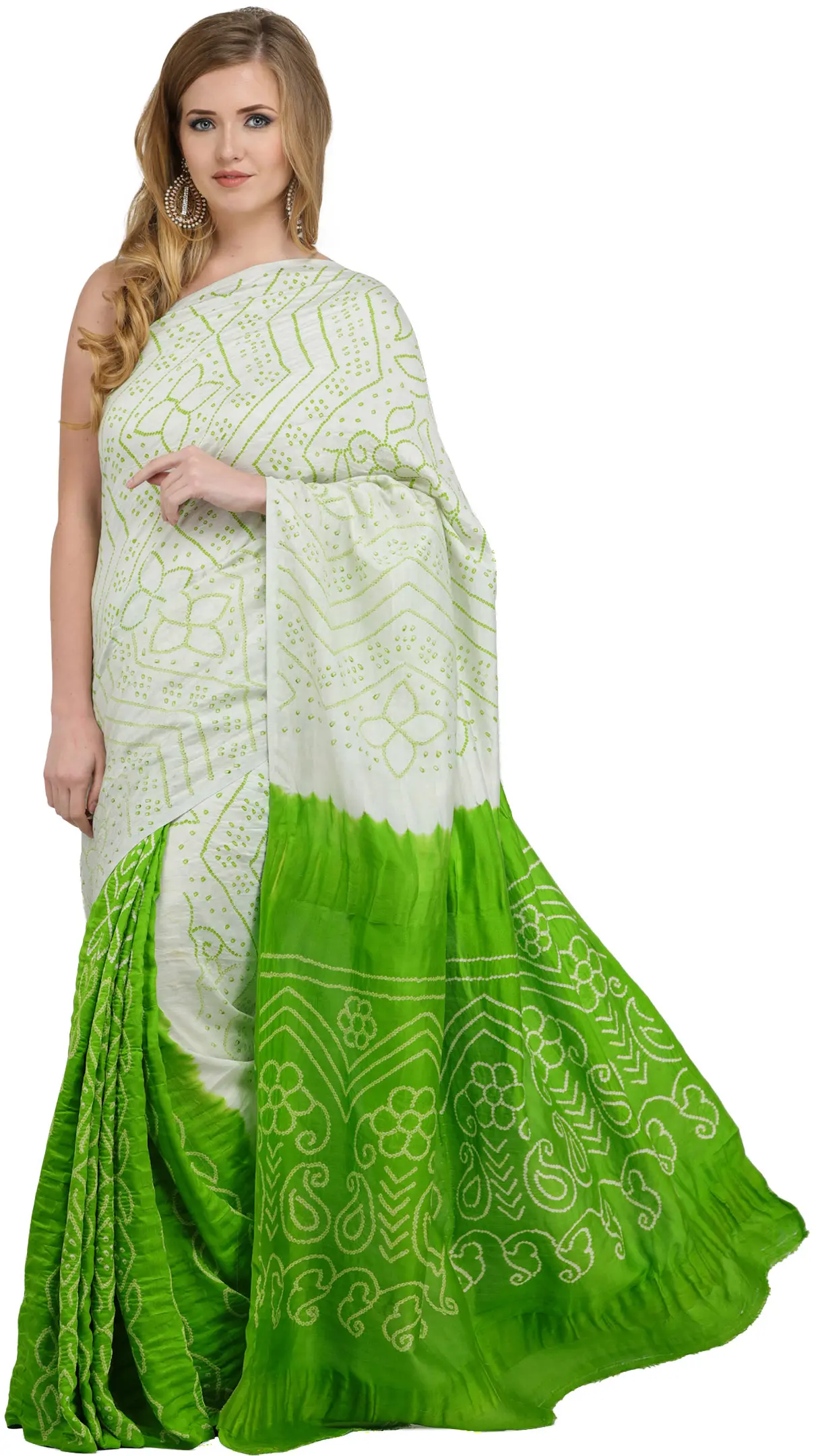 Green-Flash Shaded Bandhani Tie-Dye Gajji Silk Sari from Rajasthan