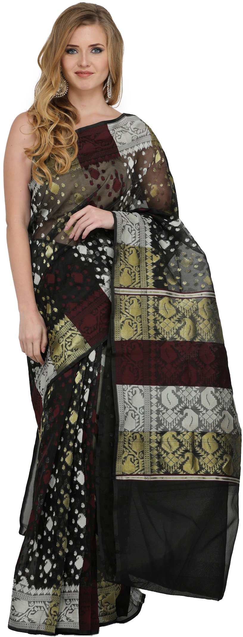 Phantom-Black Tangail Sari from Bangladesh with Woven Paiselys and ...