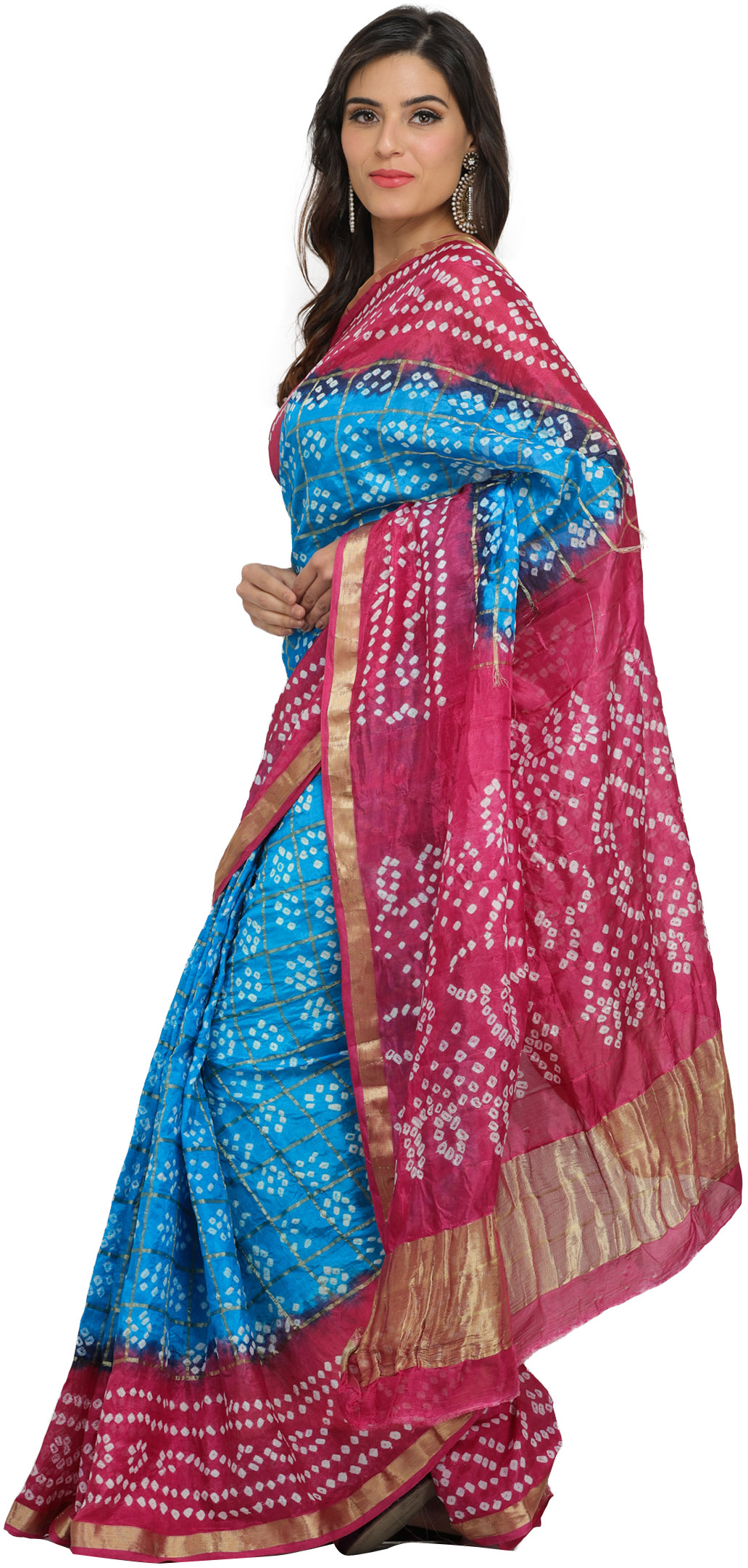 Pink and Blue Shaded Bandhani Gharchola Sari from Rajasthan with Gota ...