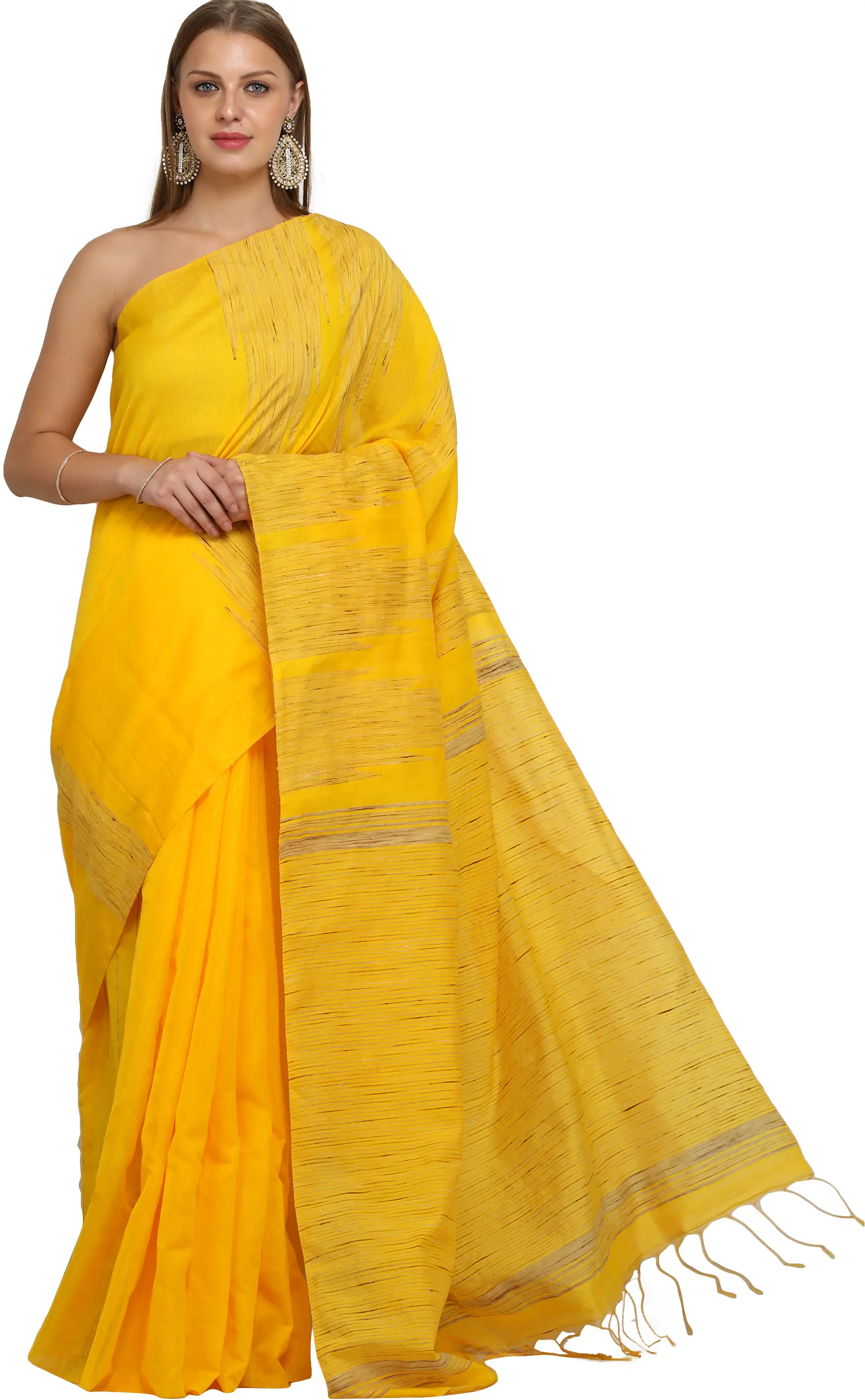 Lemon-Chrome Purbasthali Sari from Bengal with Jute Weave