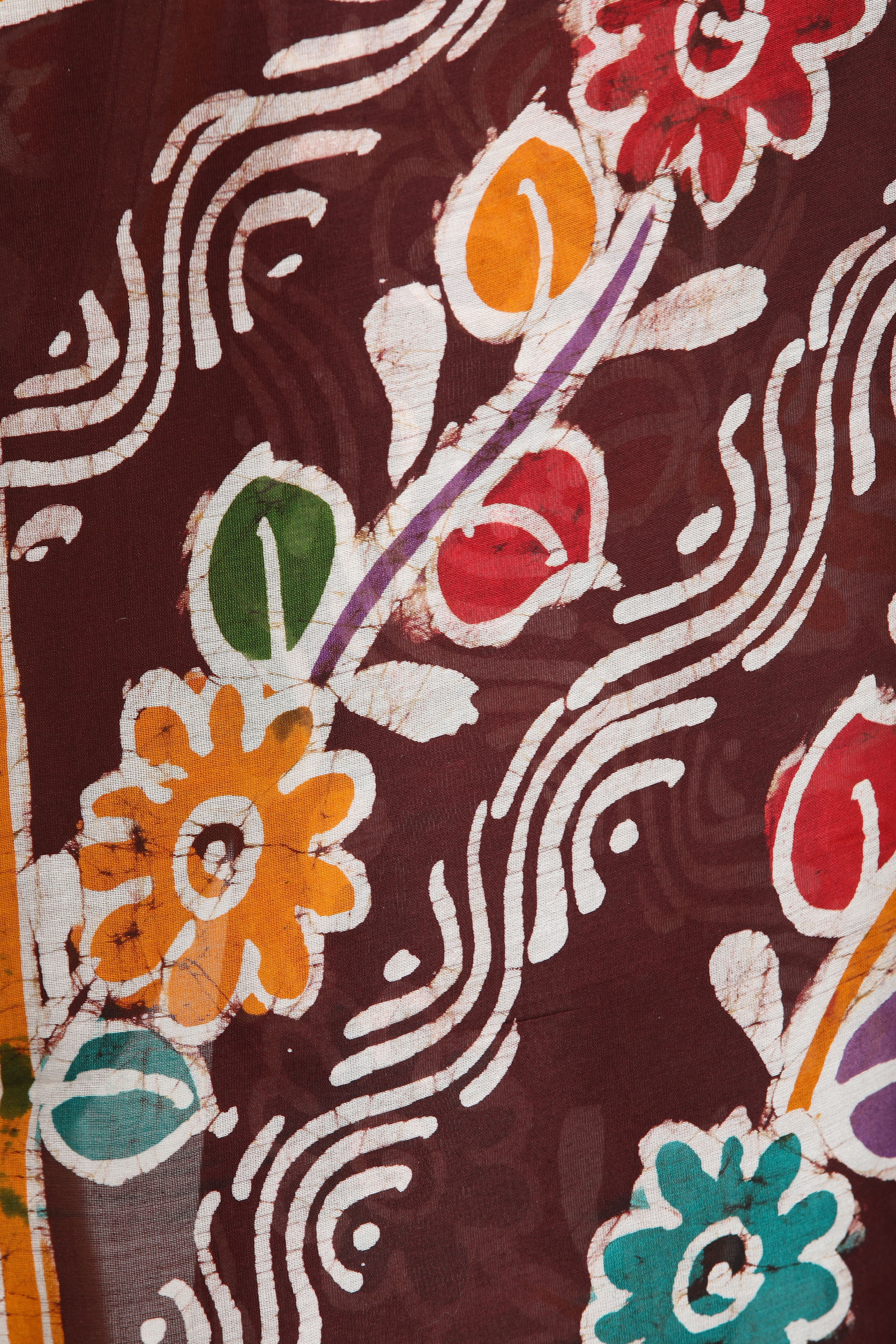 Rum-Raisin Batik Sari from Madhya Pradesh with Printed Motifs and Woven ...