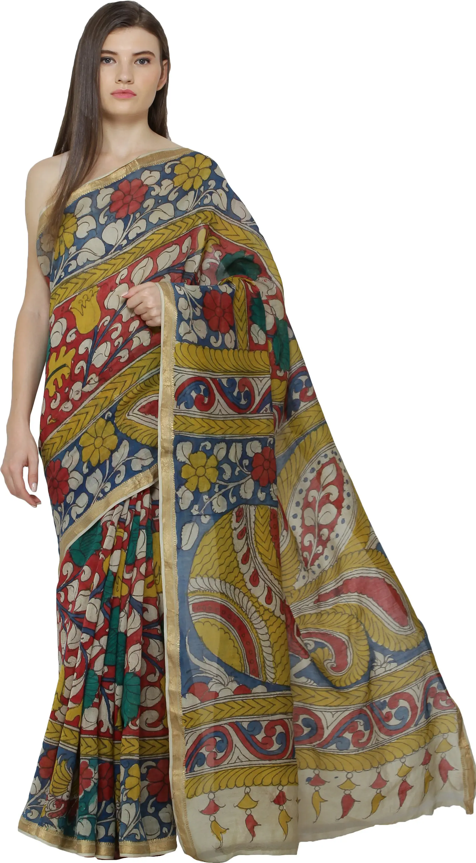 Multicolor Kalamkari Sari from Seemandhra with Painted Flowers and Woven Border