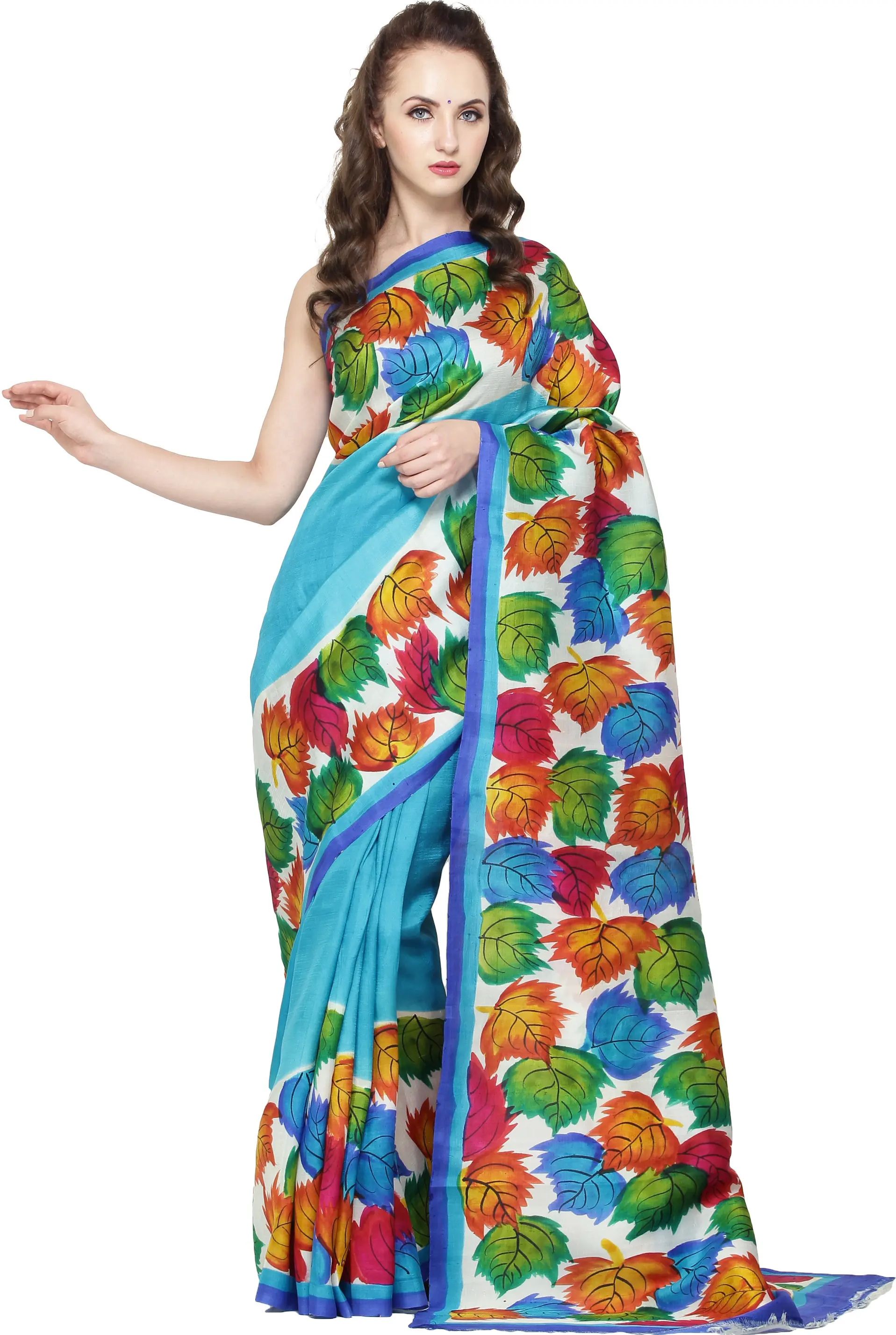 Hawaiian-Ocean Printed Saree from Kolkata with Multi-Color Leaves on Border and Pallu