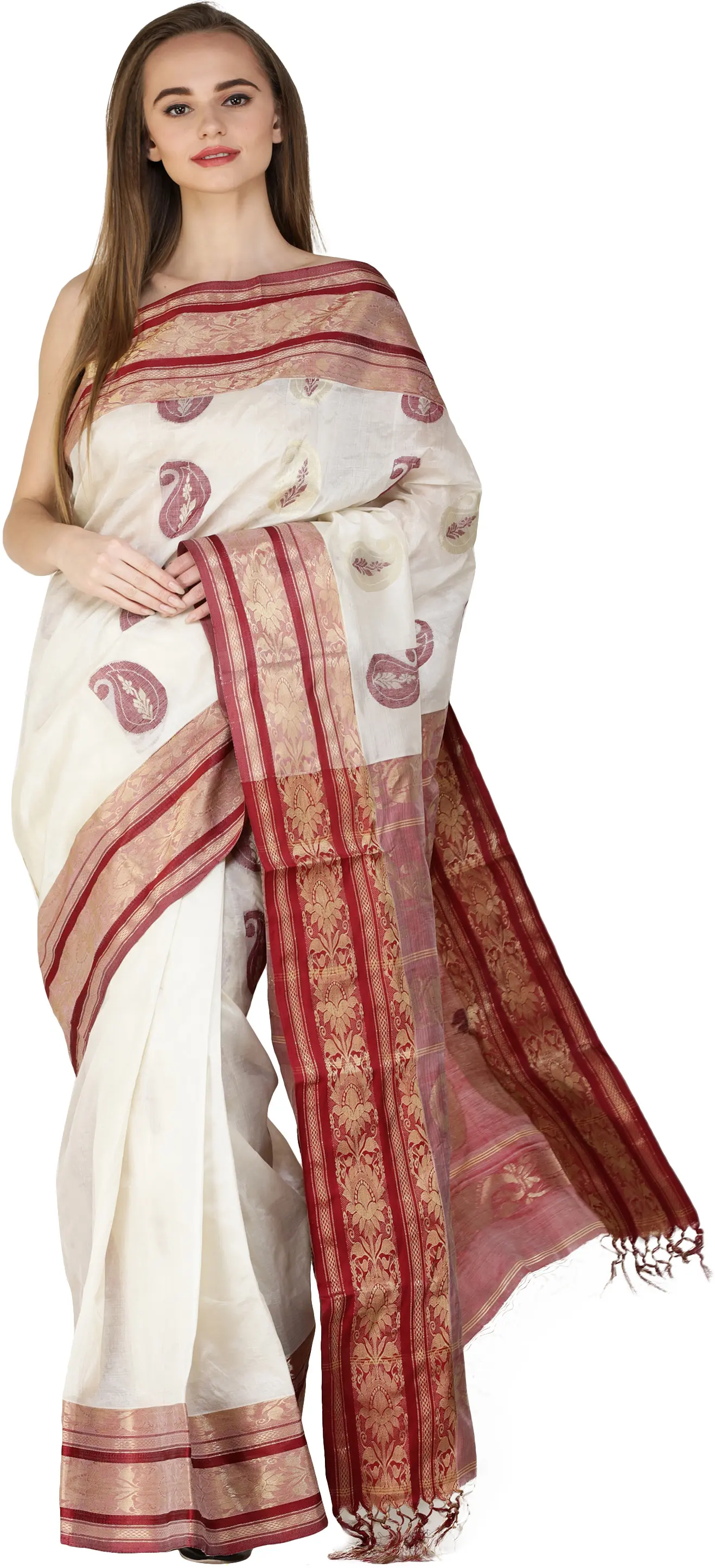 Deep-Claret and Beige Dhakai Sari from Bengal with Woven Paisleys and Brocaded Border
