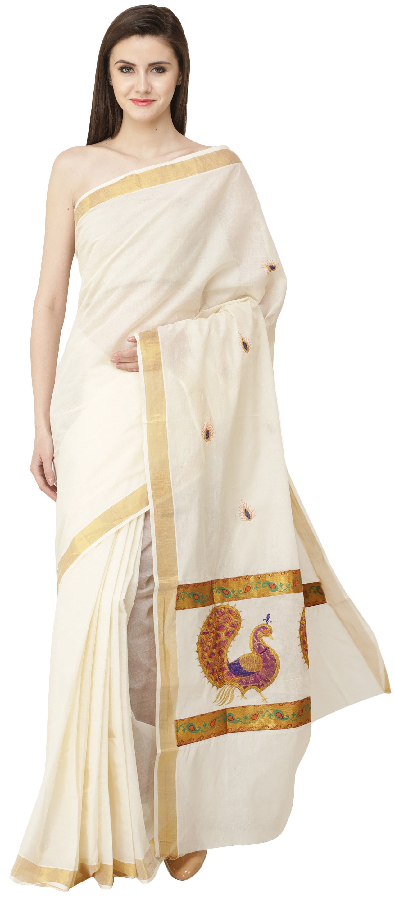 Ivory Kasavu Sari From Kerala With Embroidered Peacocks And Golden Border 