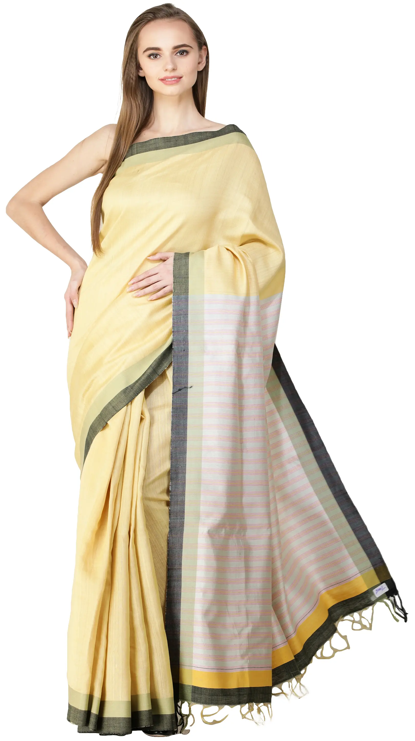 Dusky-Citron Kosa Sari from Bengal with Woven Stripes on Pallu