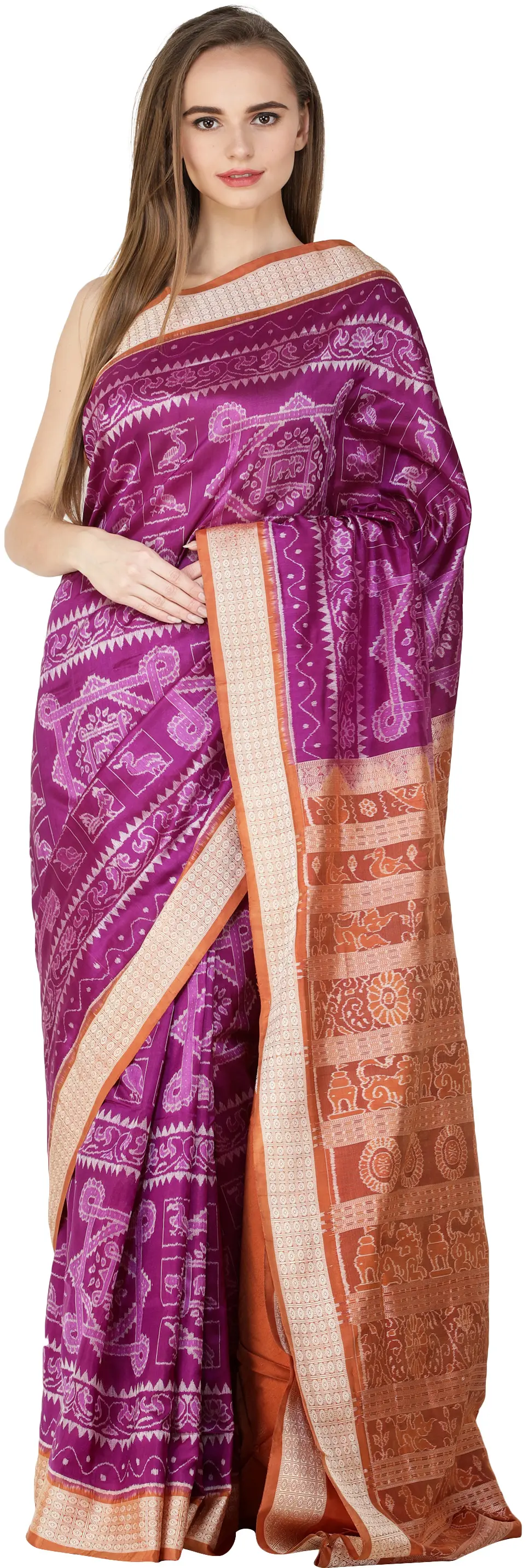 Sparkling-Grape Auspicious Sambalpuri Handloom Sari from Odisha with Ikat Woven Peacocks and Elephants