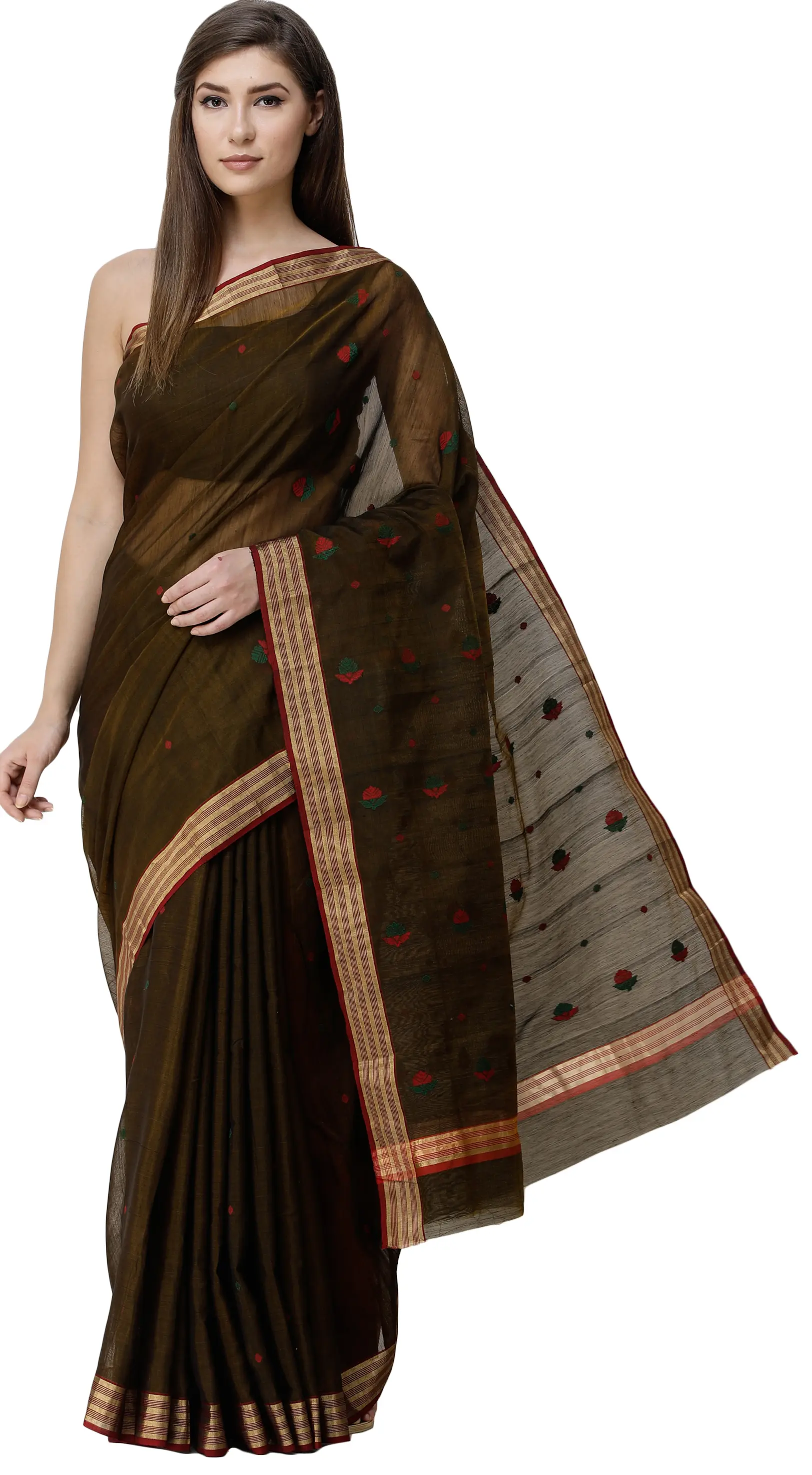 Bison-Brown Chanderi Saree from Madhya Pradesh with Zari-Woven Border and Floral Bootis