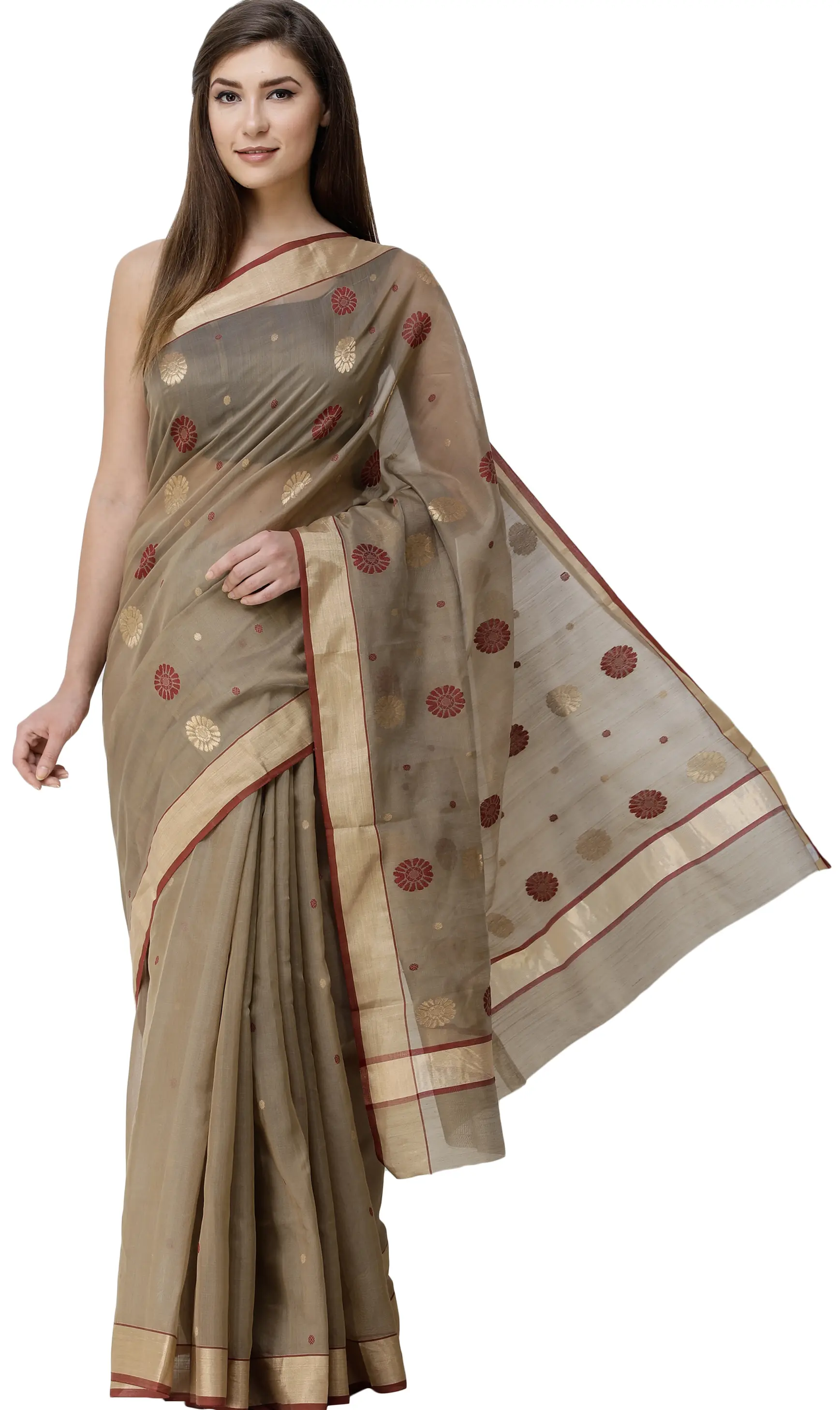 CornStalk Chanderi Sari from Madhya Pradesh with Zari-Woven Border and Bootis