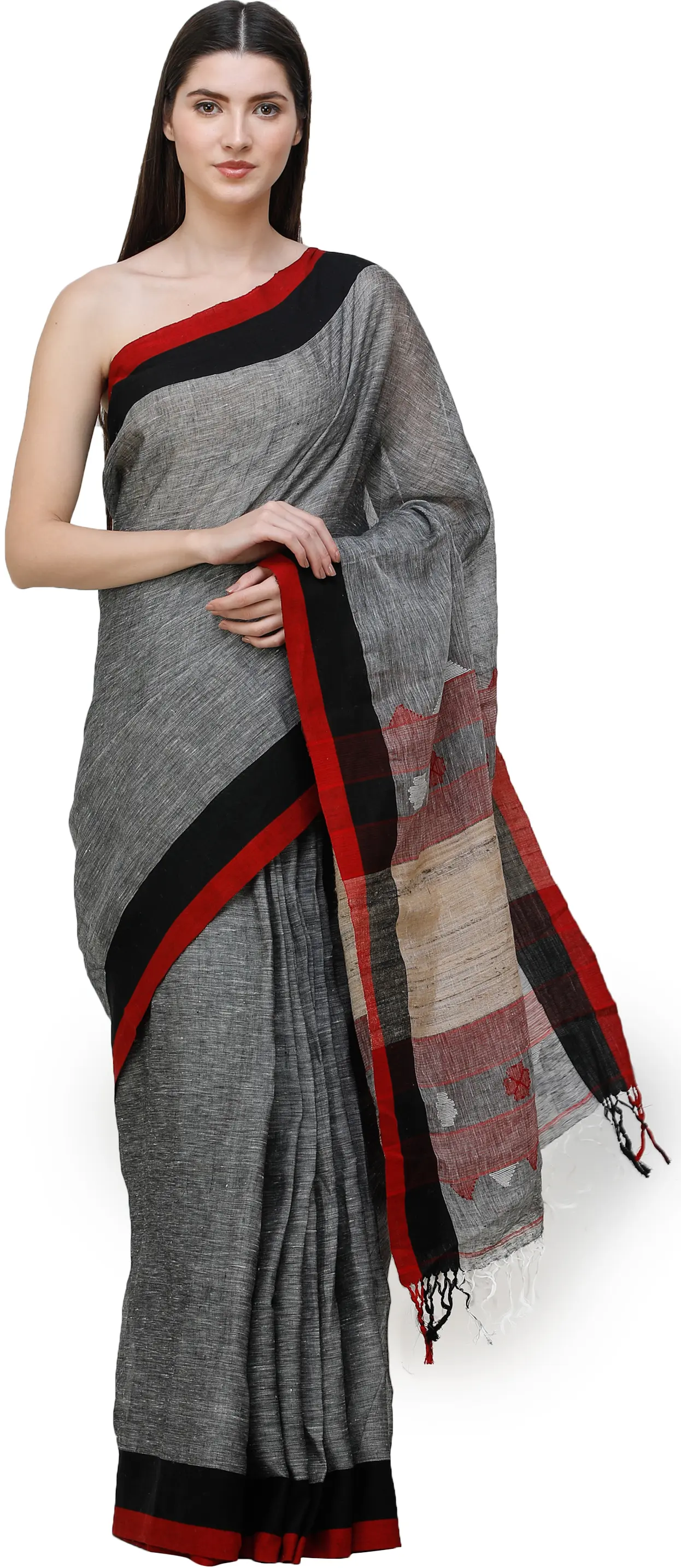 Slate-Gray Handloom Sari from Bengal with Jute Weave on Pallu