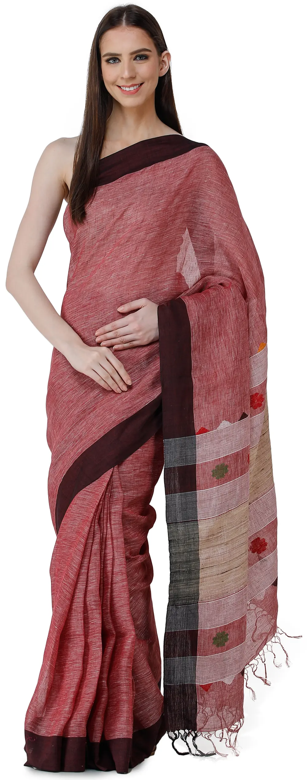 Mauvewood Handloom Pure Cotton Puja Sari from Bengal with Woven Border and Pallu