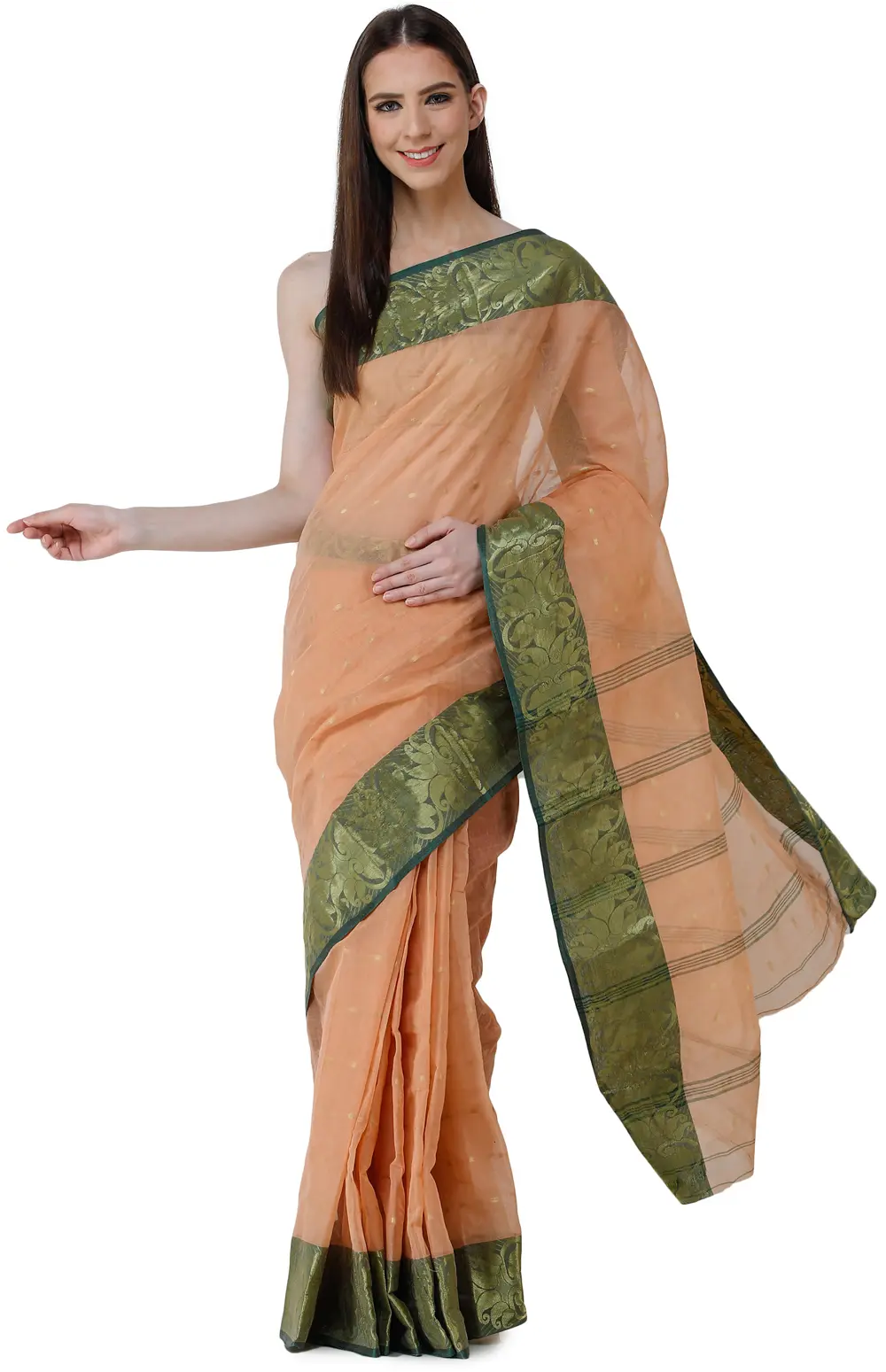 Peach-Nougat Tangail Puja Sari from Kolkata with Woven Border and Stripes on Pallu