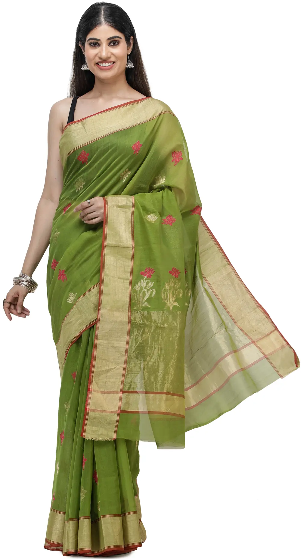 Cardamom-Green Chanderi Saree from Madhya Pradesh with Zari-Woven Border and Flowers