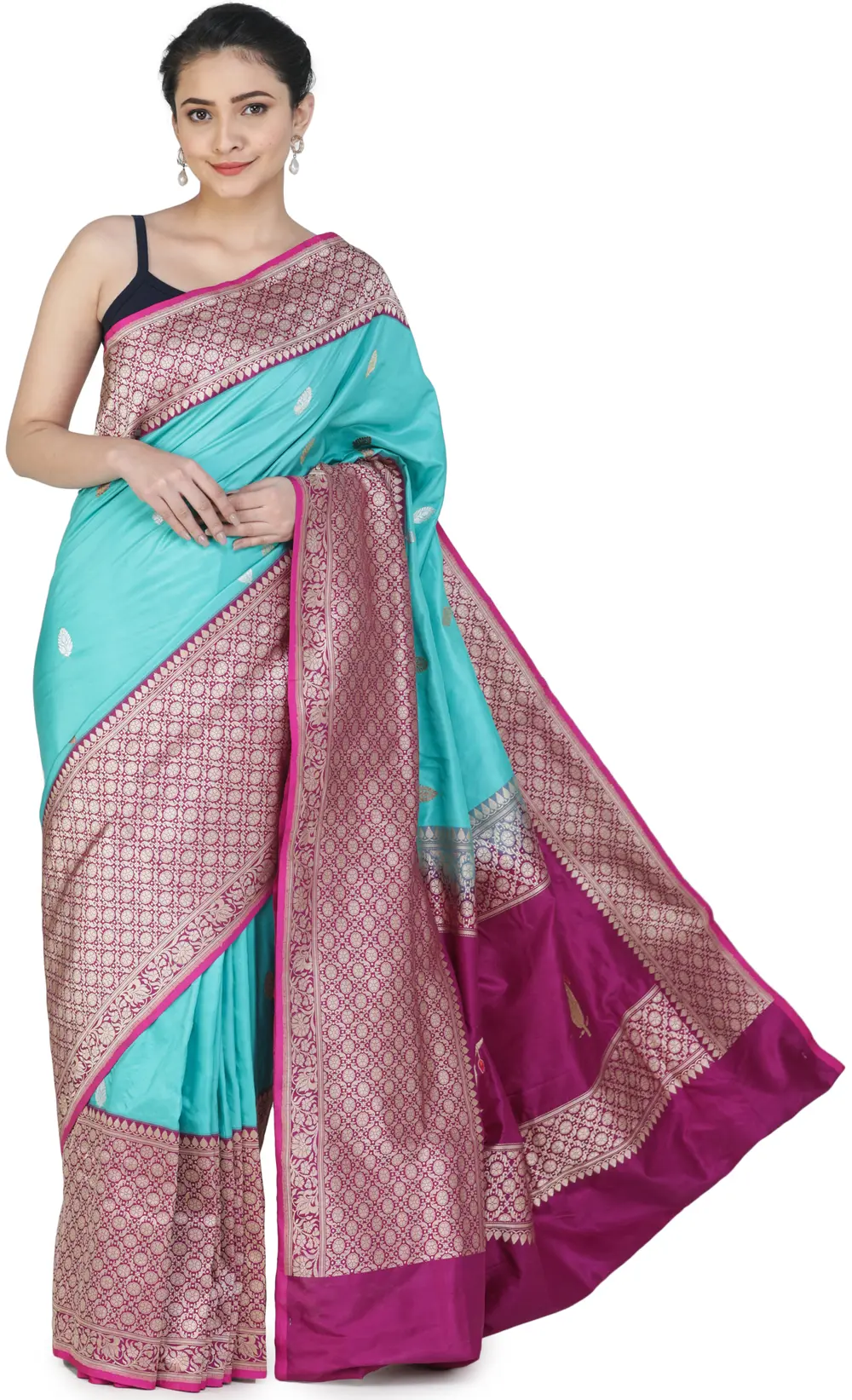 Ceramic-Blue Handloom Banarasi Silk Brocaded Saree with Heavy Fuchsia Border and Pallu