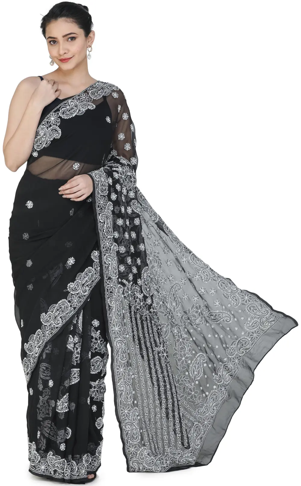 Black-Onyx Sari from Lucknow with Chikan Hand-Embroidered Paisleys and Flowers on Anchal