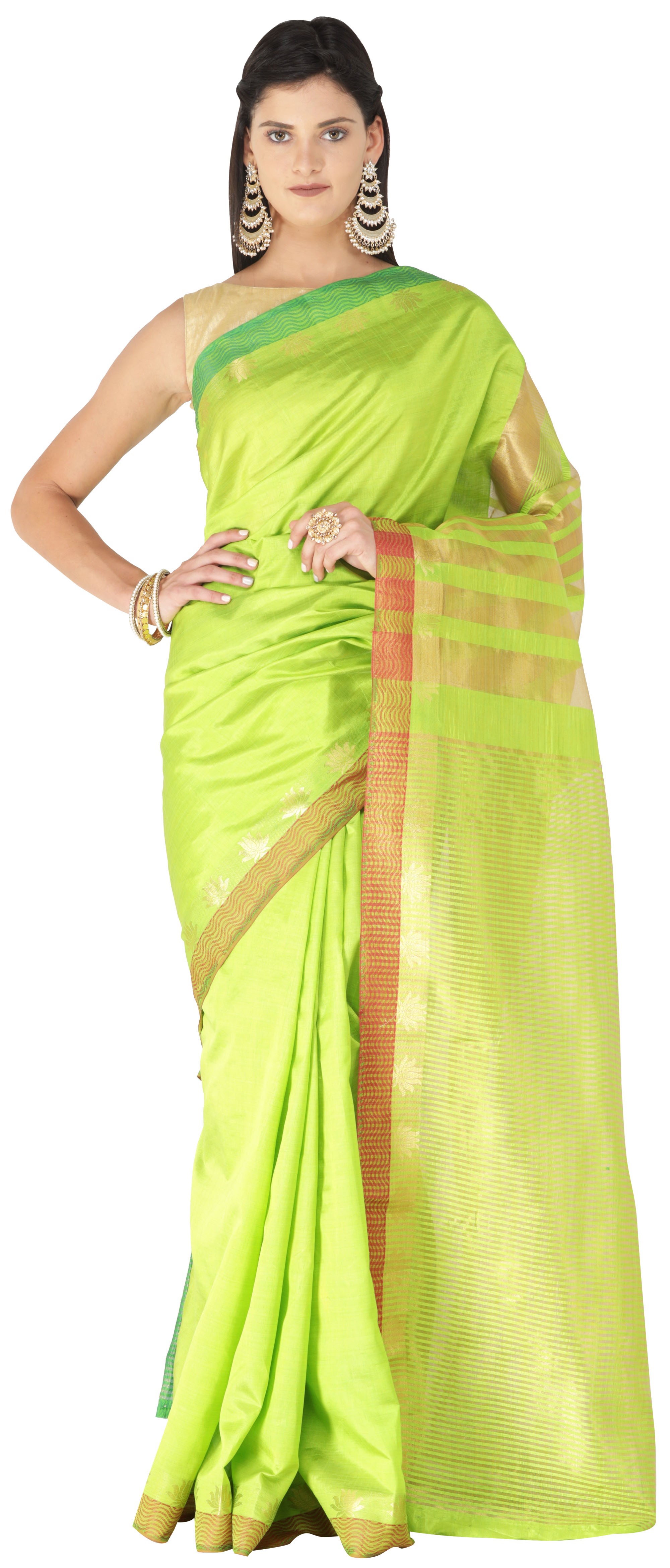 Plain Silk Sari from Chennai with Woven Stripes on Pallu and Border
