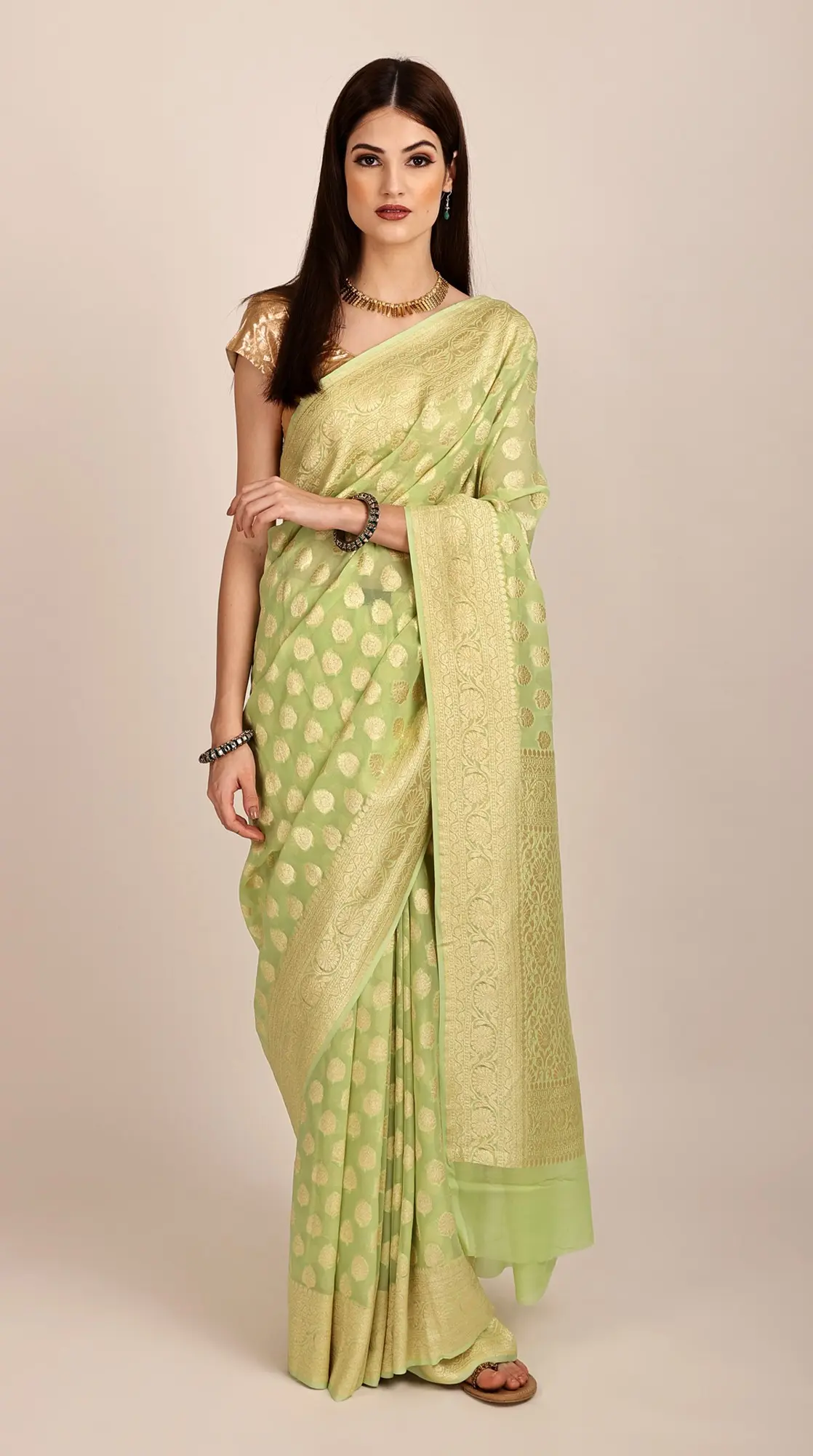Pure Chiffon Green-Glow Banarasi Saree with Unstitched Blouse | Handloom Zari Woven