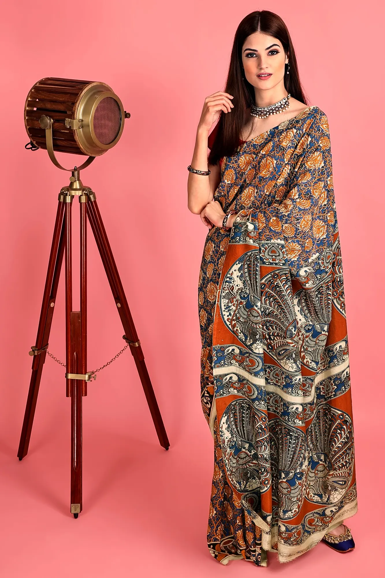 Tri-Coloured Hand-Painted Kalamkari Chiffon Sari from Telangana