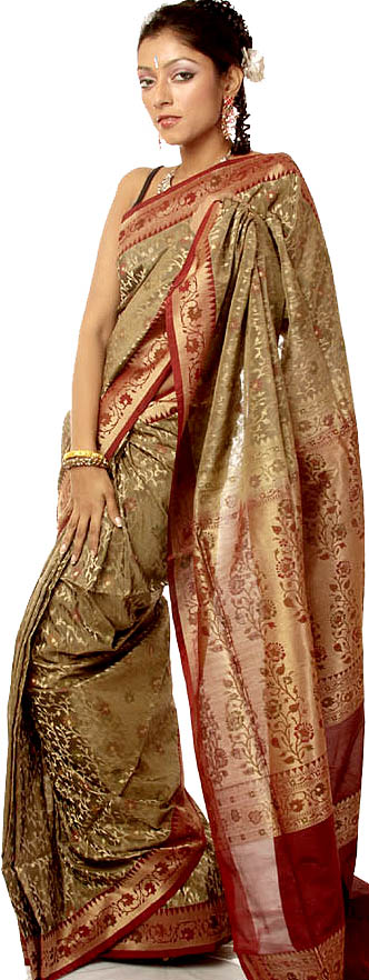 Silver Sage And Maroon Jamdani Sari From Banaras With Hand Woven Bootis