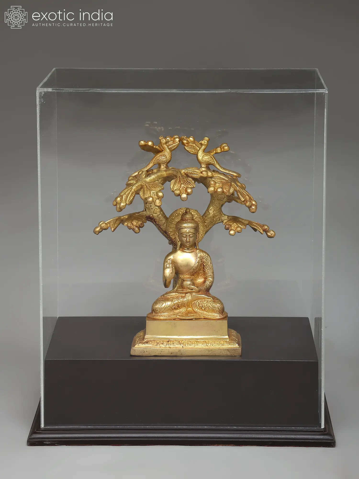Golden Brass Buddha Seated Under Bodhi Tree - Meditation Figurine