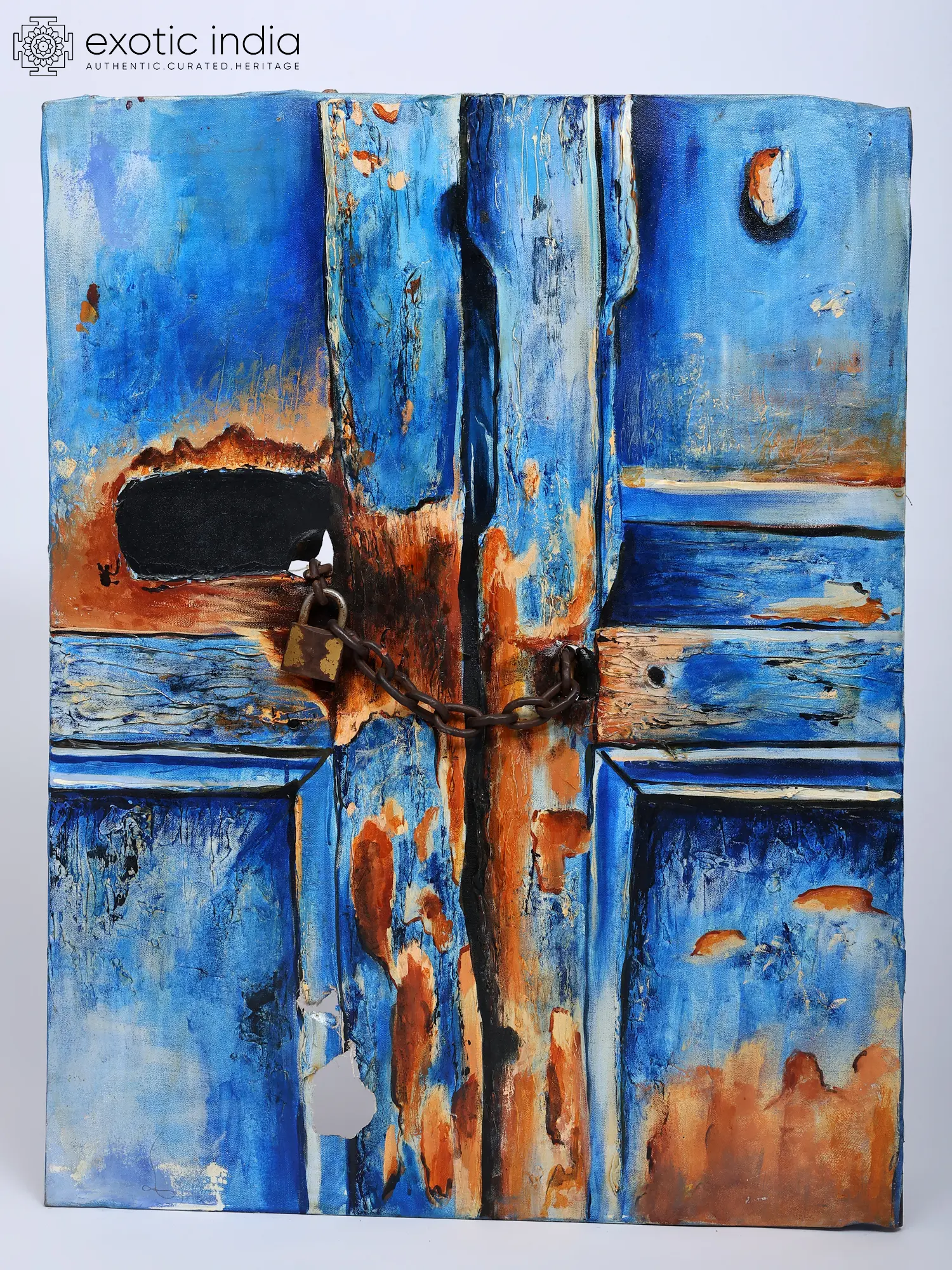 Blue Door with A Real Padlock and Chain - Old Memory | Acrylic on