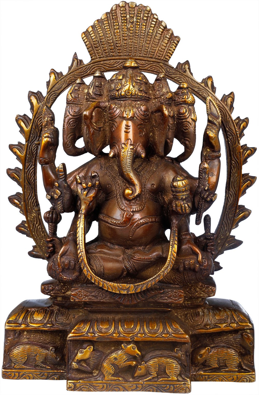 Color Brown Silver Gold Color Brass Statue Exotic India Eight-Armed Five-Headed Ganesha